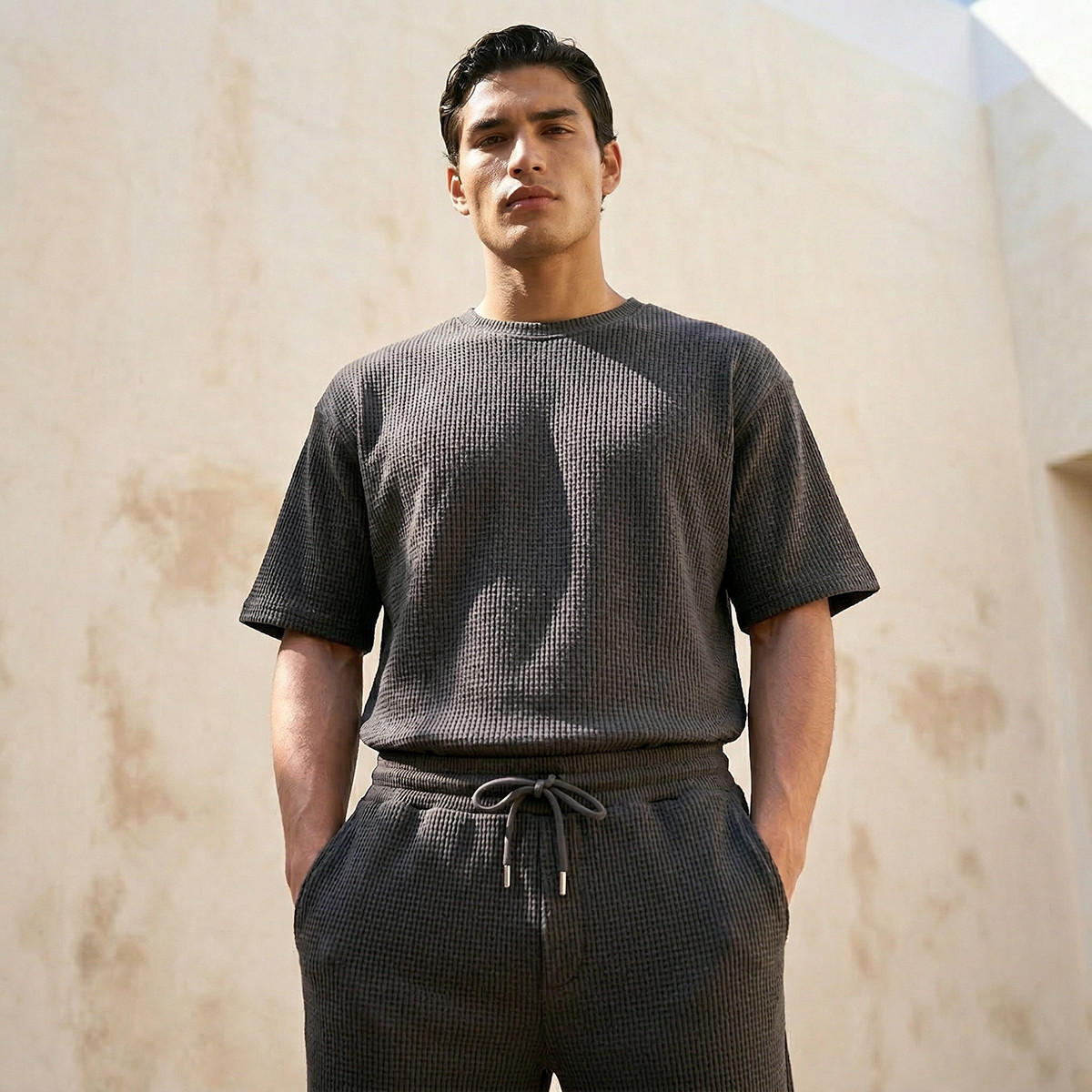 تيشيرت بارز الملمس بياقة ضيقة وأكمام قصيرة للرجال-men-clothing-tshirtsandpolos-tshirts-image-1