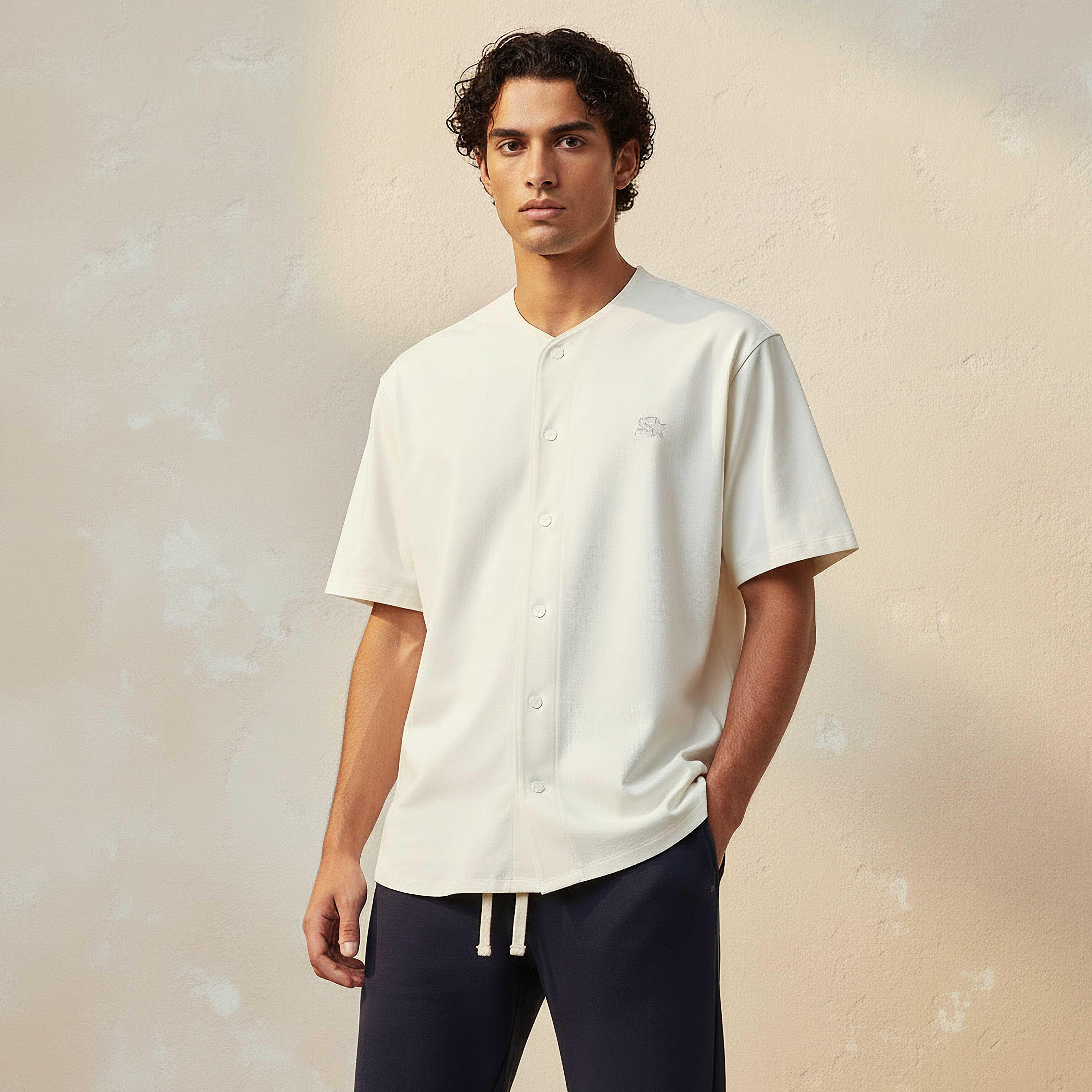 Men Regular Fit V-neck Embroidered Short Sleeves Baseball Shirt-men-clothing-shirts-image-1
