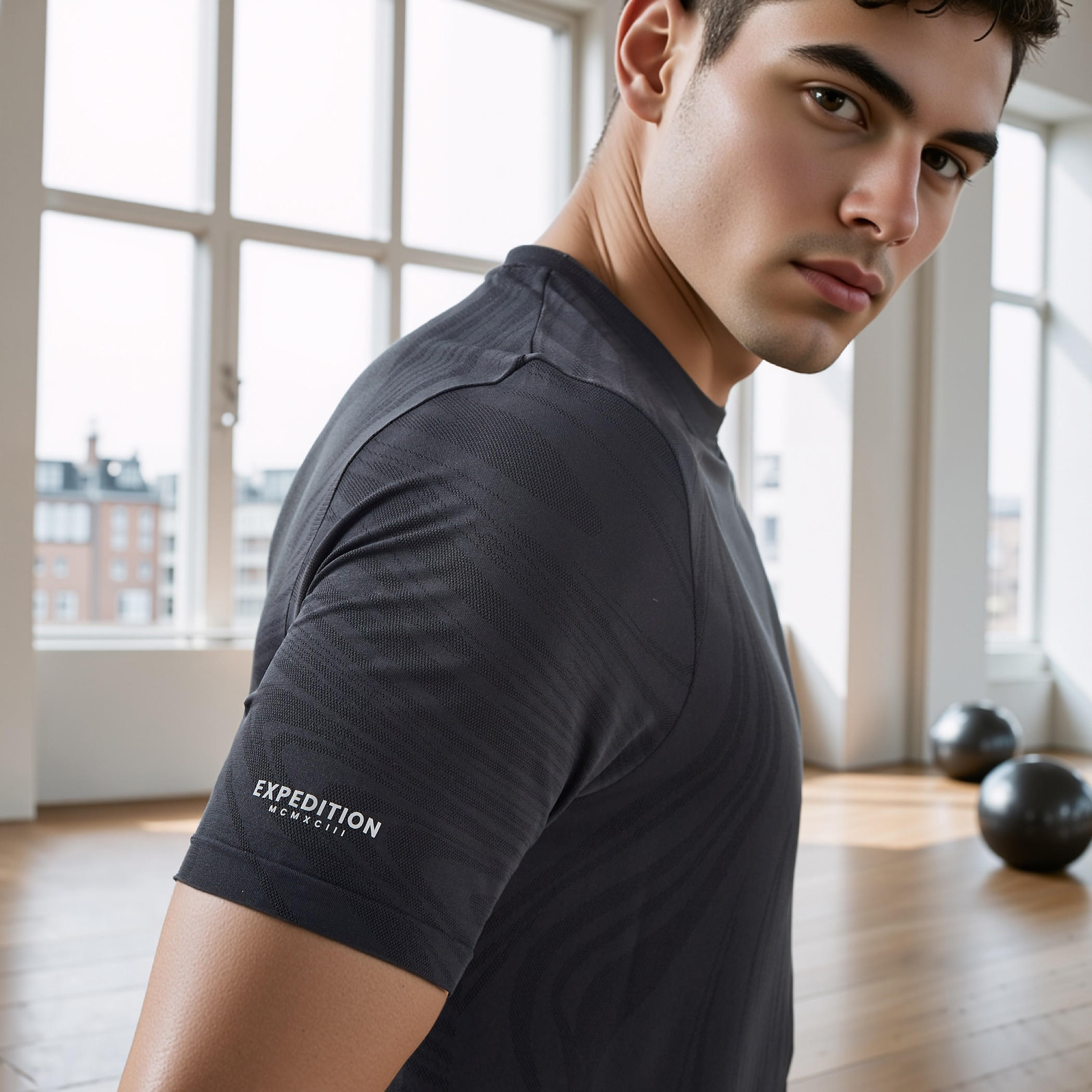 تيشيرت جاكار بياقة ضيقة-men-clothing-sportswearandactivewear-tshirtsandpolos-image-2
