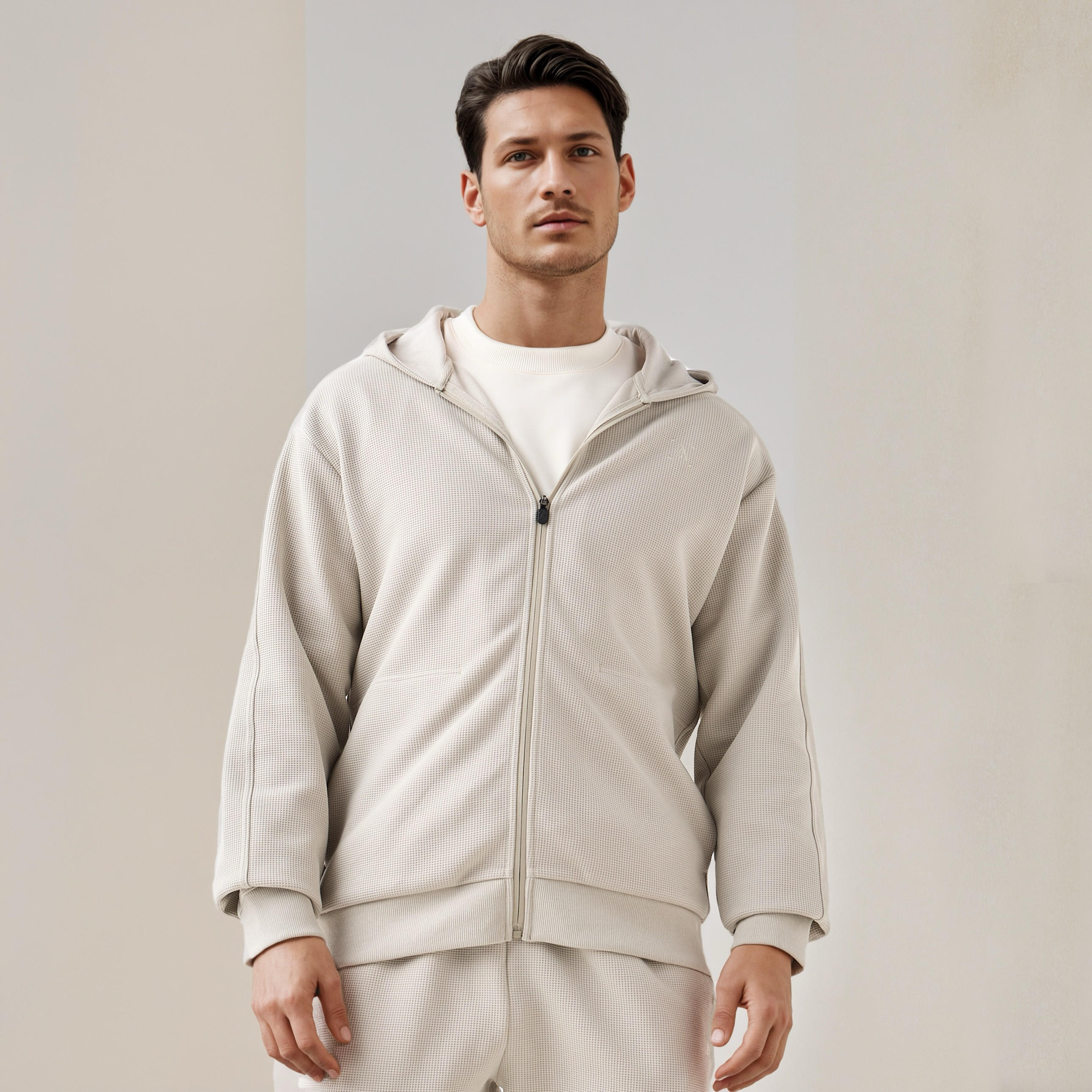 Waffle Textured Zip Through Hoodie with Zip Closure-men-winterwear-hoodiesandsweatshirts-image-1