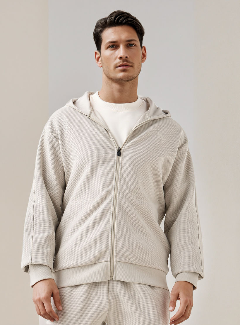 Waffle Textured Zip Through Hoodie with Zip Closure-men-winterwear-hoodiesandsweatshirts-image-1