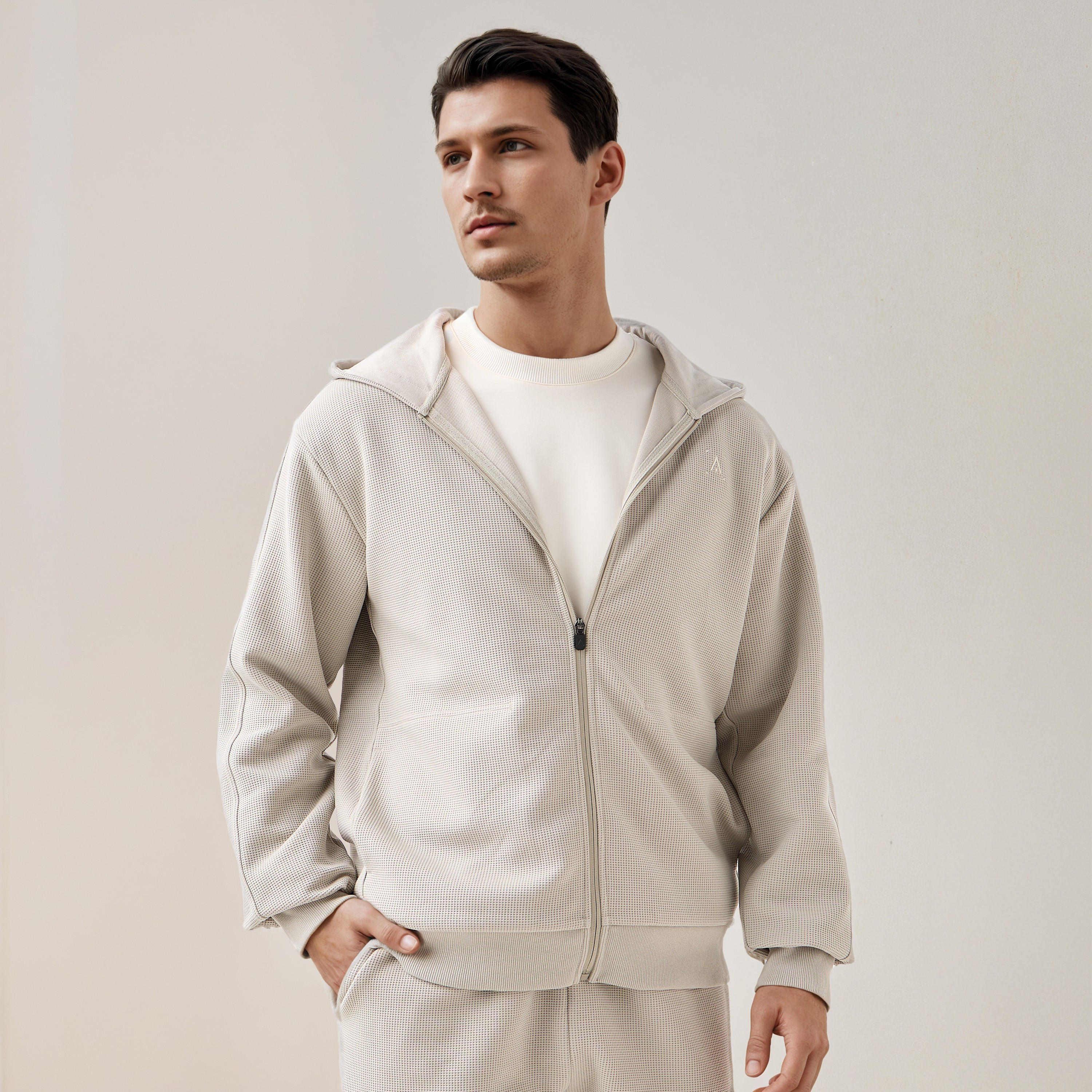 Waffle Textured Zip Through Hoodie with Zip Closure-men-winterwear-hoodiesandsweatshirts-image-2