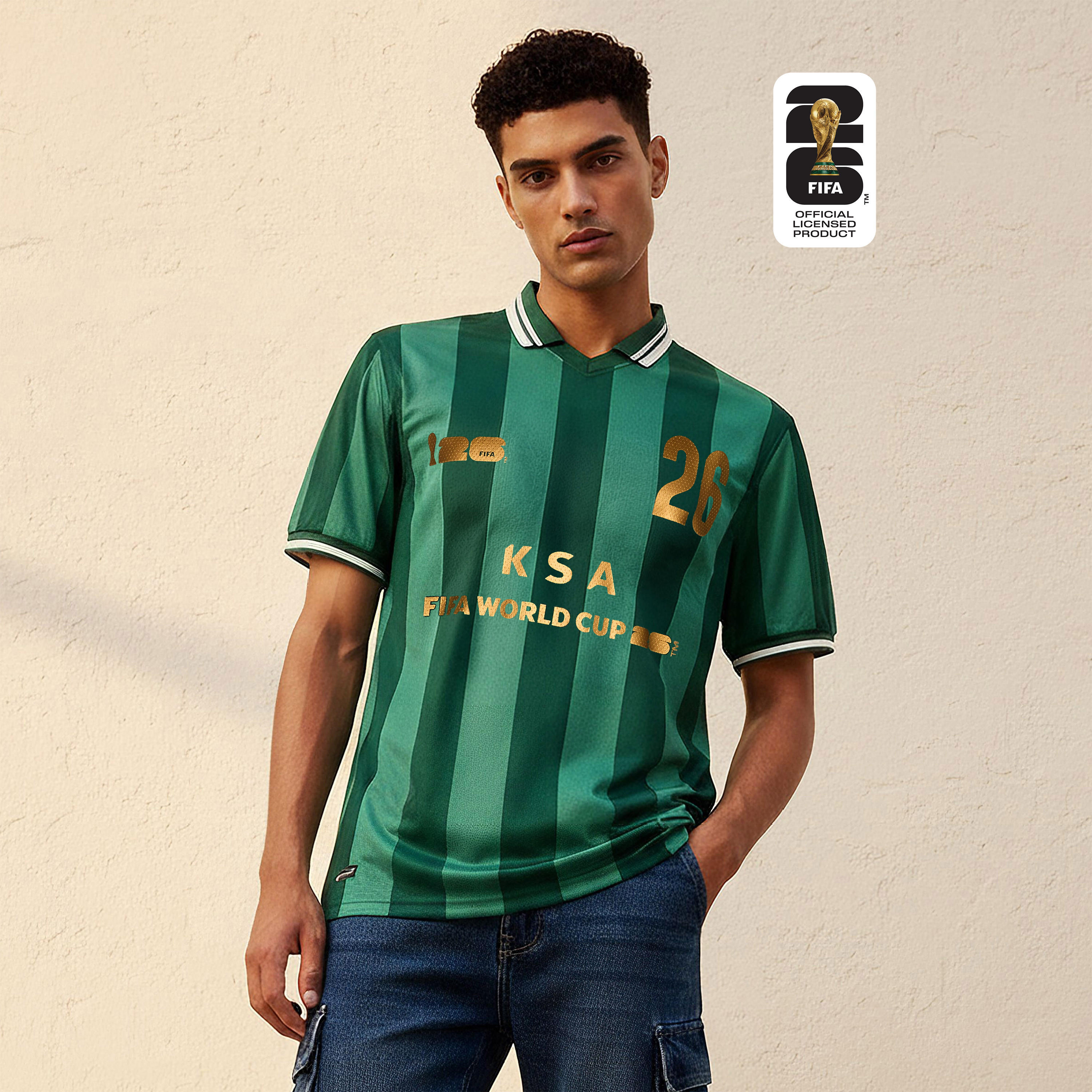 تيشيرت بياقة وأكمام قصيرة وطبعات المنتخب السعودي فيفا 26 للرجال-men-clothing-sportswearandactivewear-tshirtsandpolos-image-1