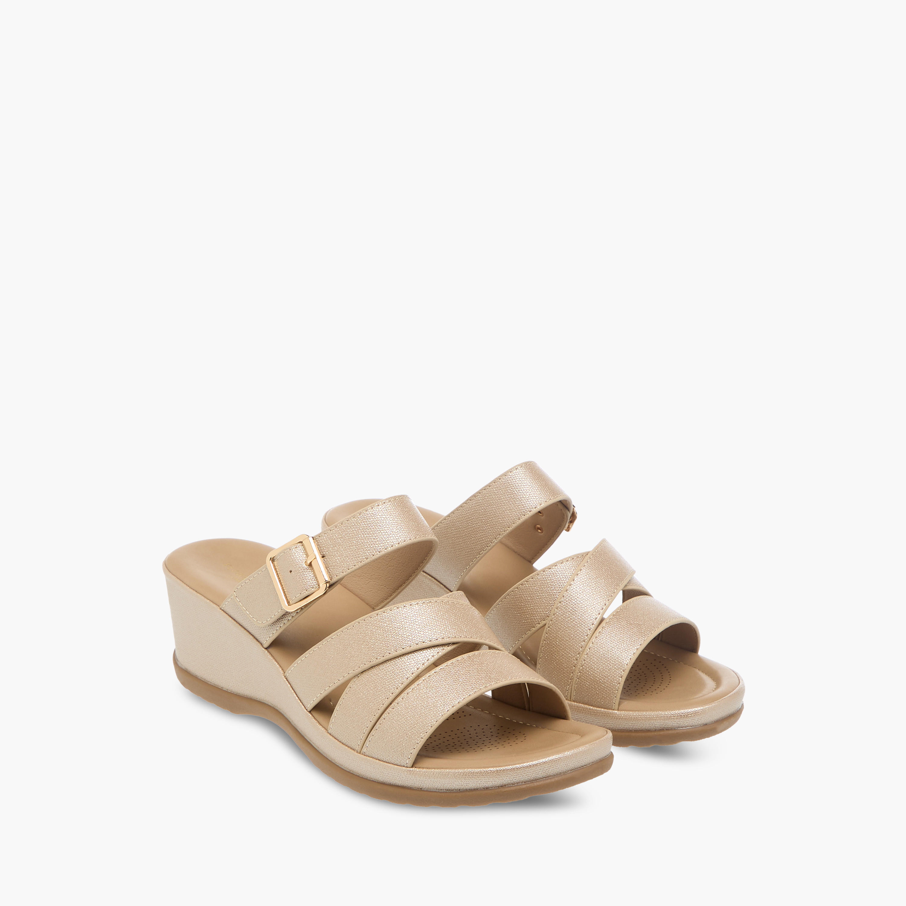 Flora Bella Textured Slip-On Wedge Heel Comfort Sandals with Buckle Detail-women-shoes-sandals-heeled-image-1