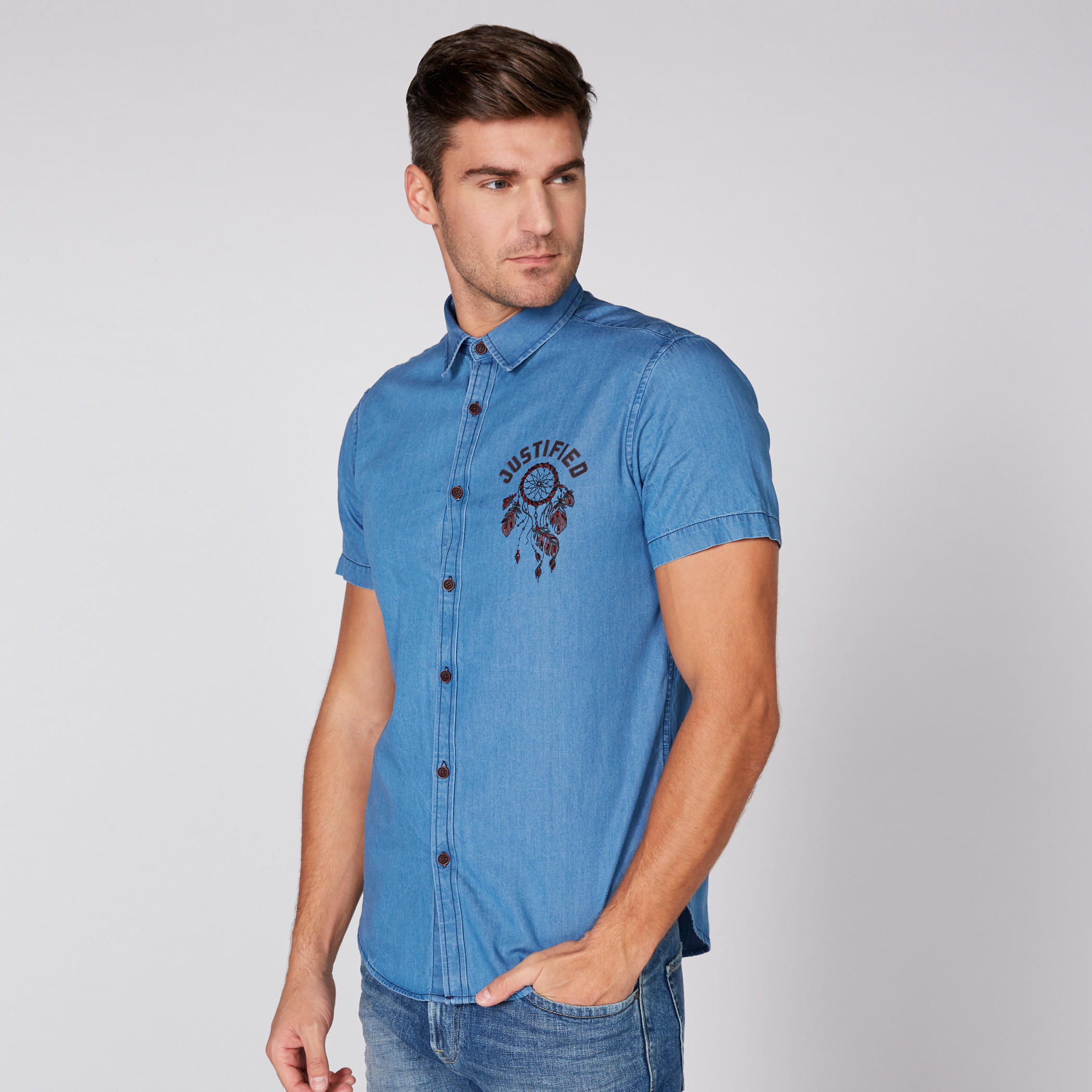 Printed Denim Shirt with Short Sleeves and Complete Placket-men-clothing-shirts-image-1