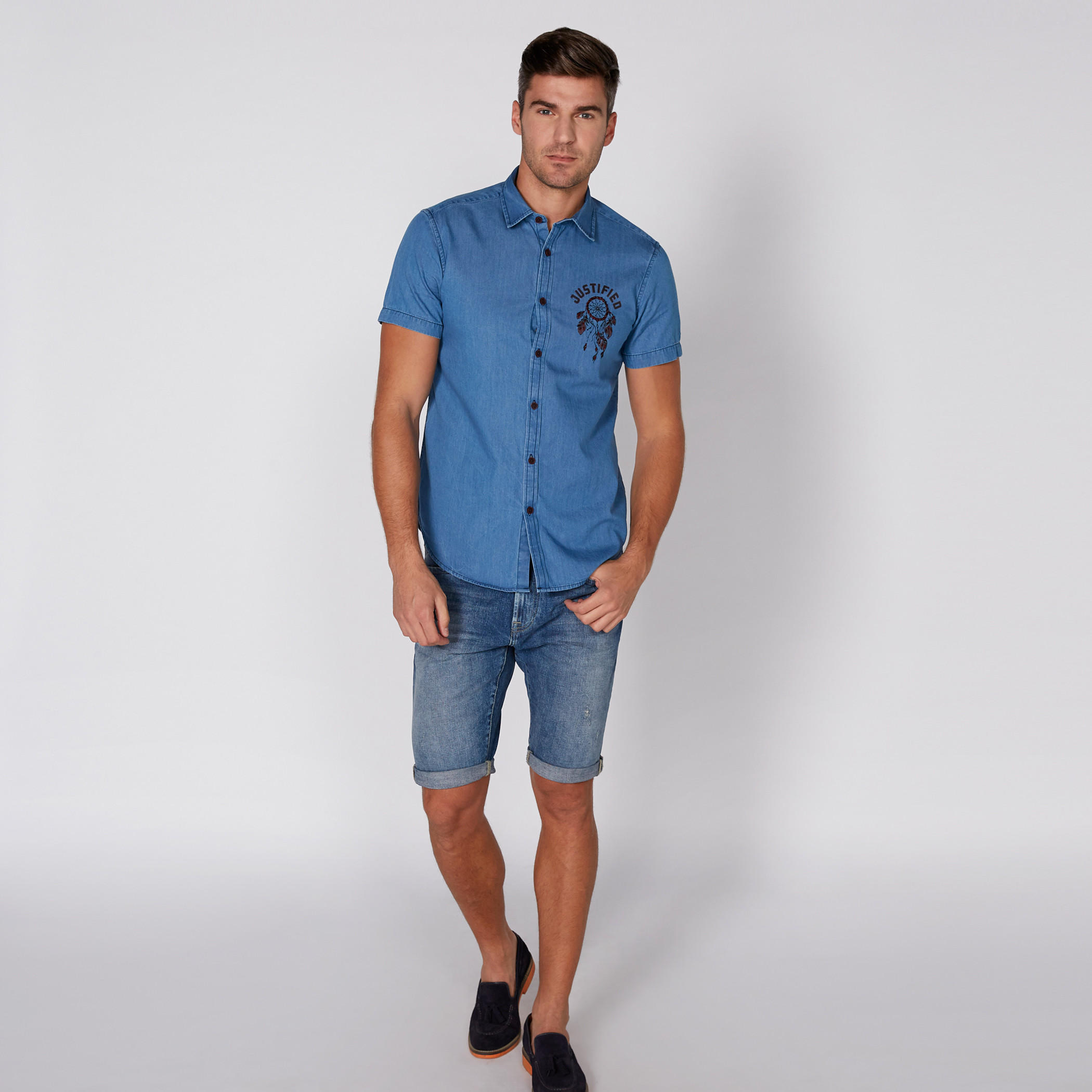Printed Denim Shirt with Short Sleeves and Complete Placket-men-clothing-shirts-image-2