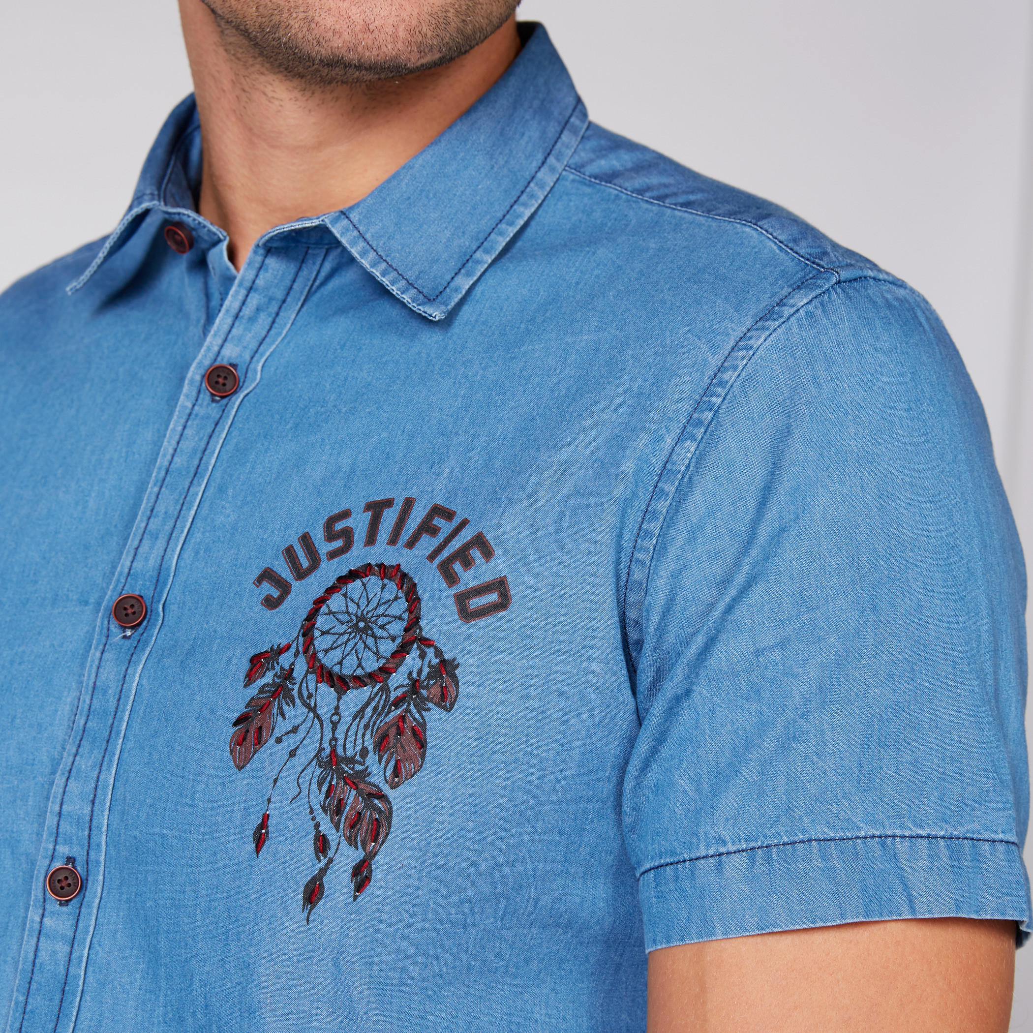 Printed Denim Shirt with Short Sleeves and Complete Placket-men-clothing-shirts-image-3