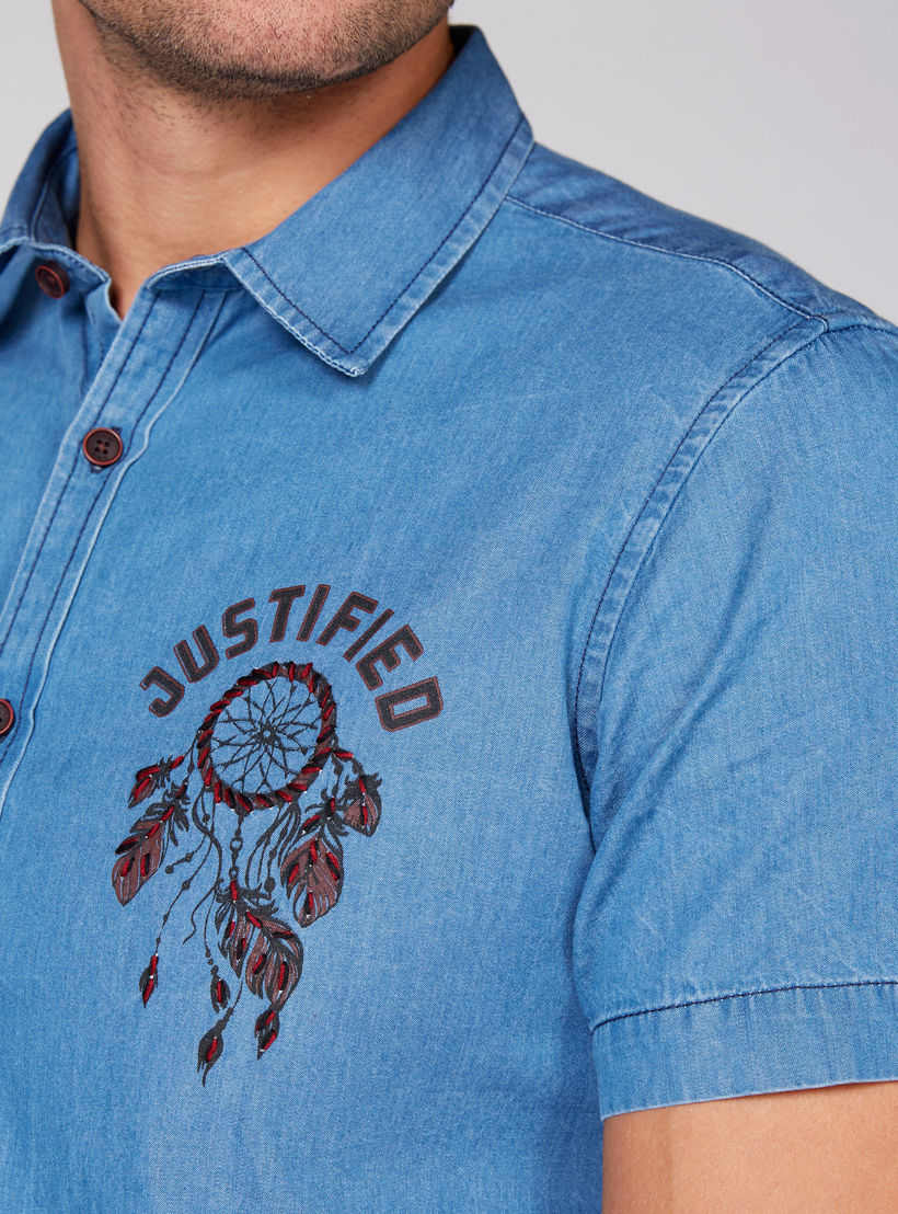 Printed Denim Shirt with Short Sleeves and Complete Placket-men-clothing-shirts-image-3
