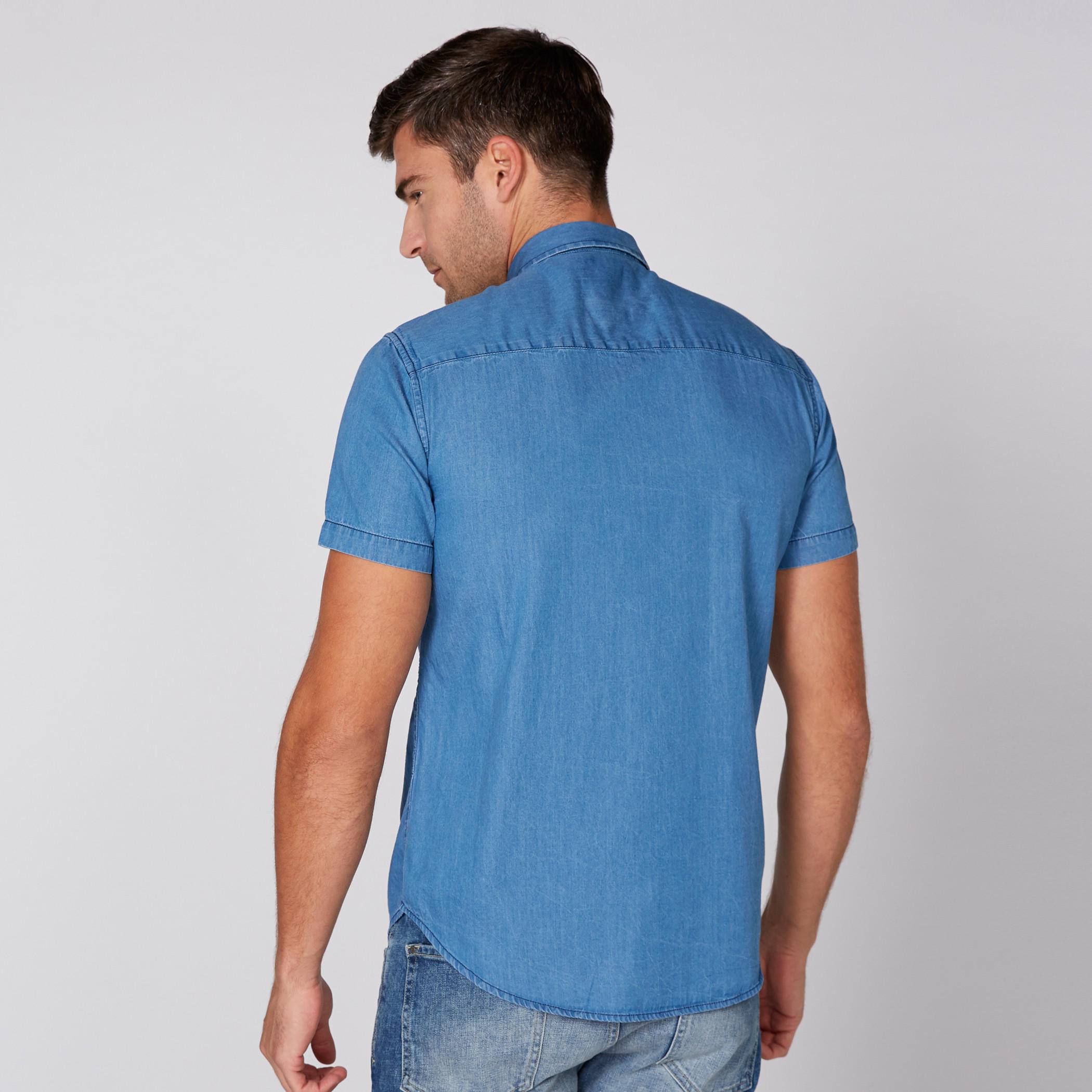 Printed Denim Shirt with Short Sleeves and Complete Placket-men-clothing-shirts-image-4