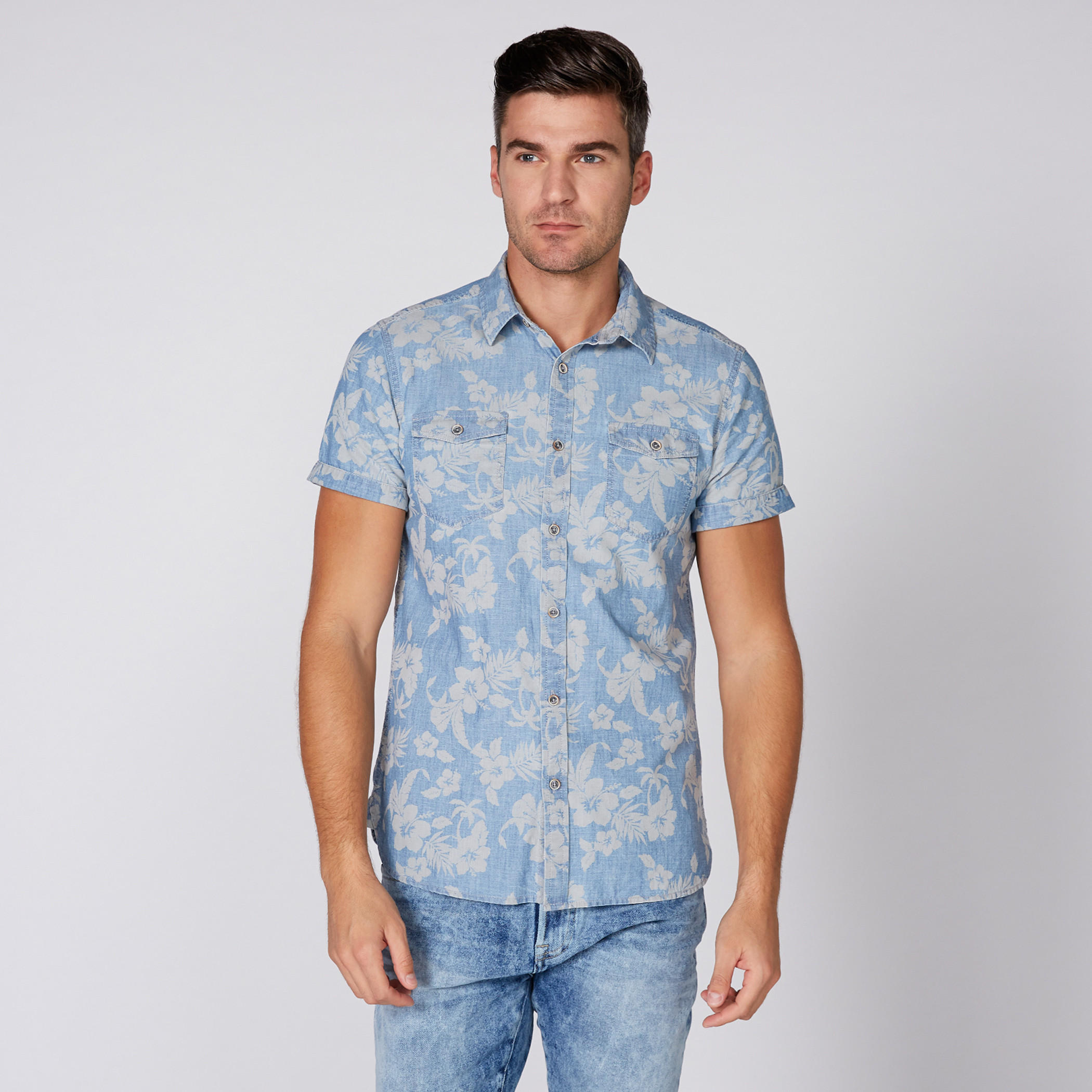 Printed Denim Shirt with Short Sleeves and Complete Placket-men-clothing-shirts-image-1