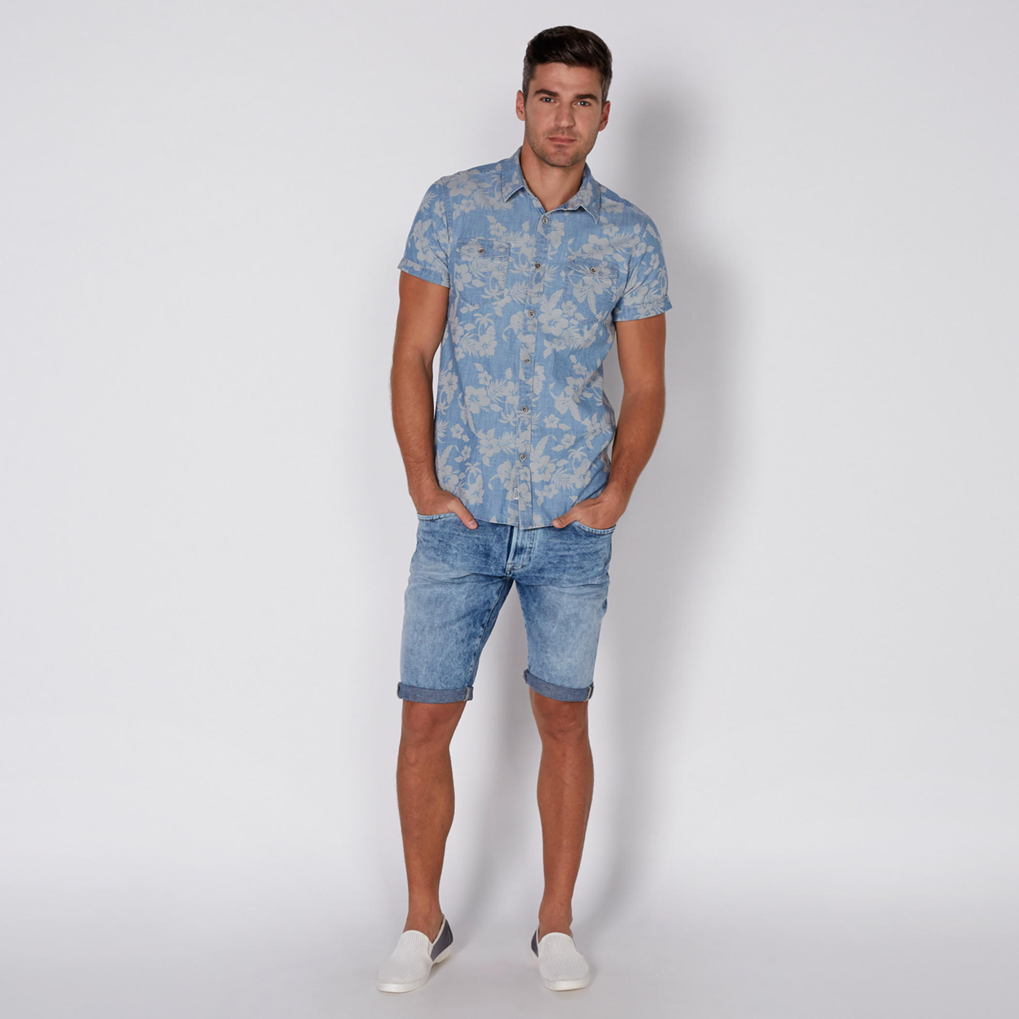 Printed Denim Shirt with Short Sleeves and Complete Placket-men-clothing-shirts-image-2