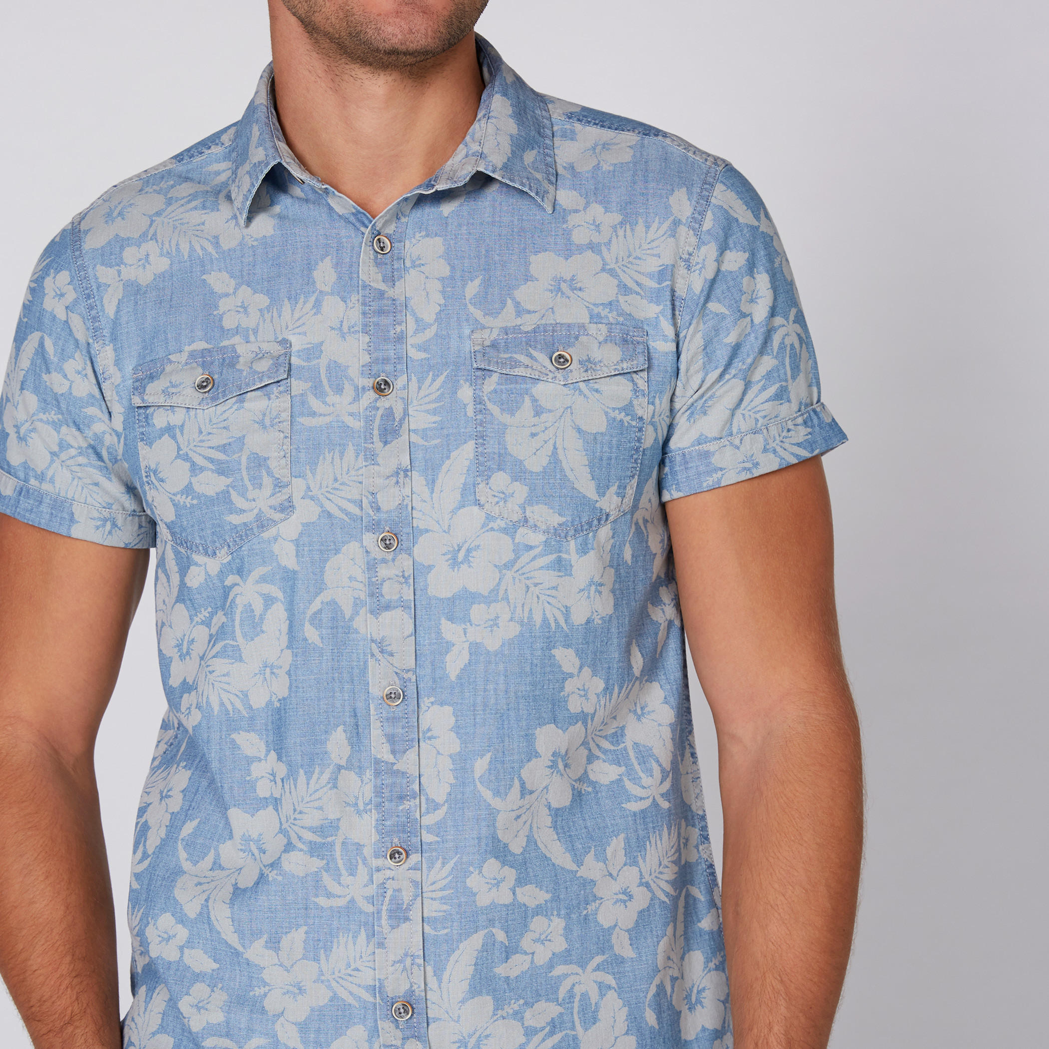 Printed Denim Shirt with Short Sleeves and Complete Placket-men-clothing-shirts-image-3