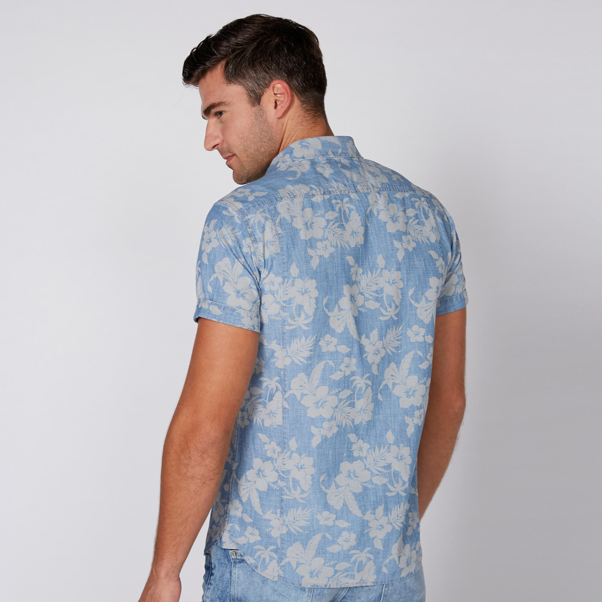 Printed Denim Shirt with Short Sleeves and Complete Placket-men-clothing-shirts-image-4