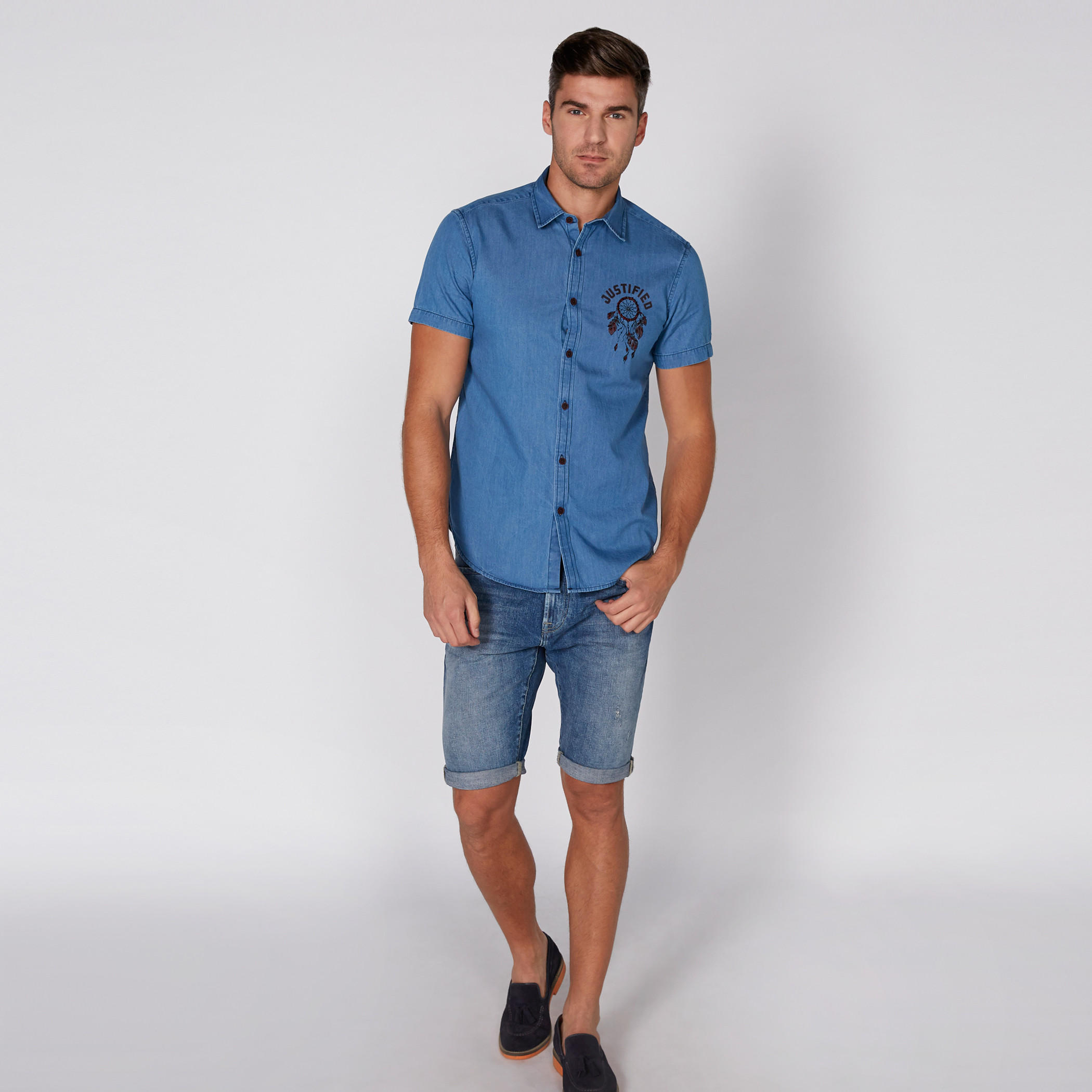 Denim Shorts with Button Closure and Pocket Detail-men-clothing-bottoms-shorts-image-2