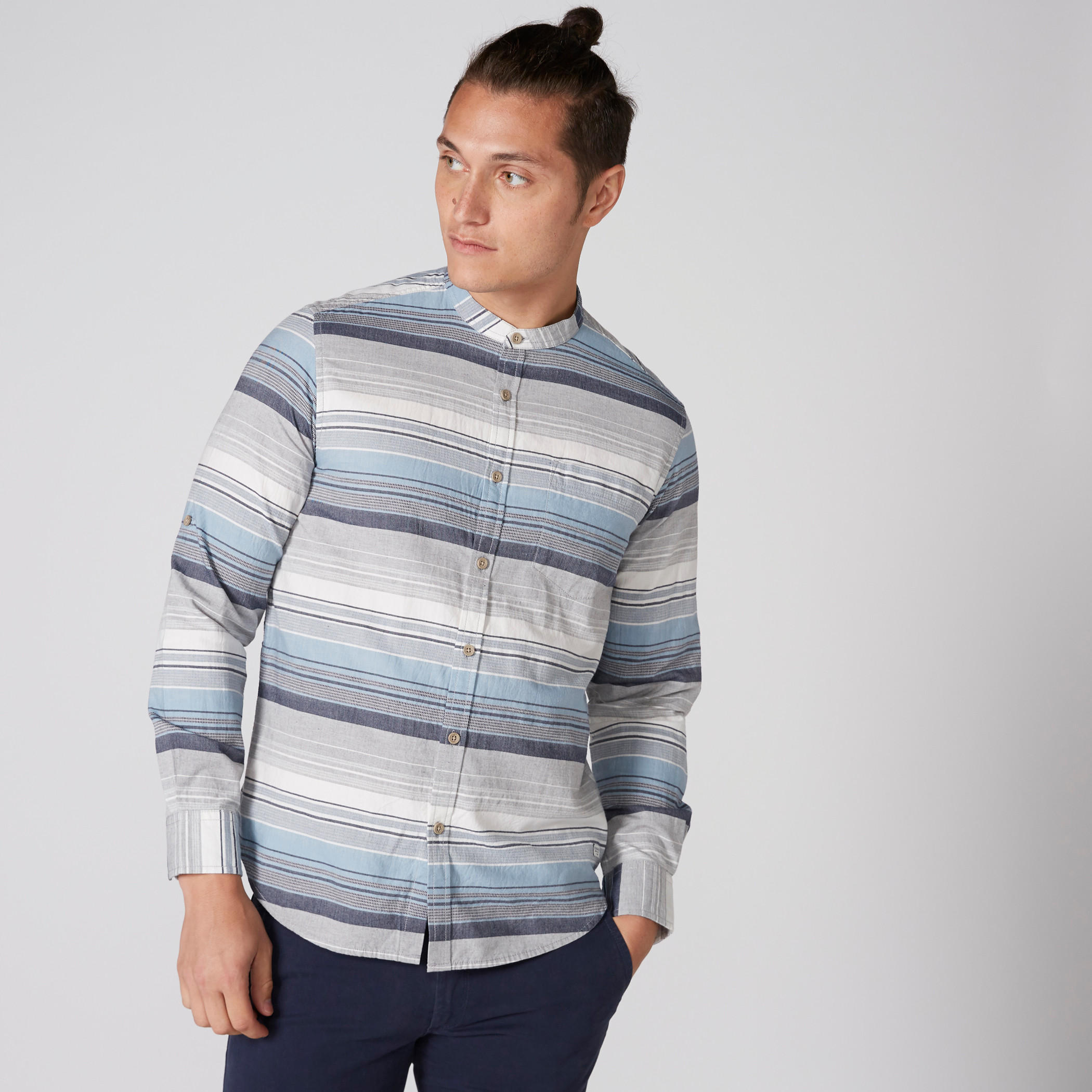 Striped Shirt with Mandarin Collar and Long Sleeves-men-clothing-shirts-image-1
