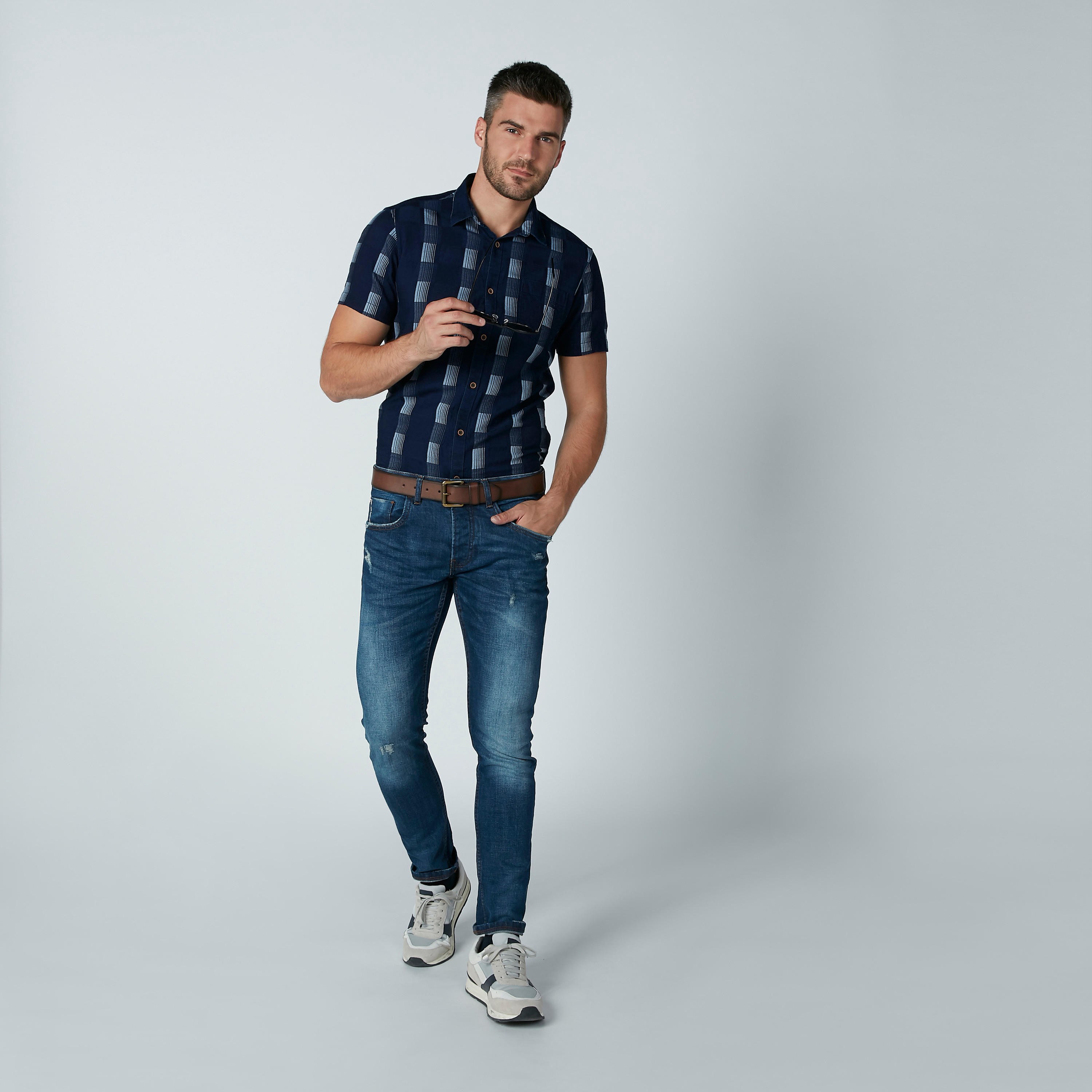 Chequered Slim-Fit Shirt with Chest Pocket Detail and Short Sleeves-men-clothing-shirts-image-1