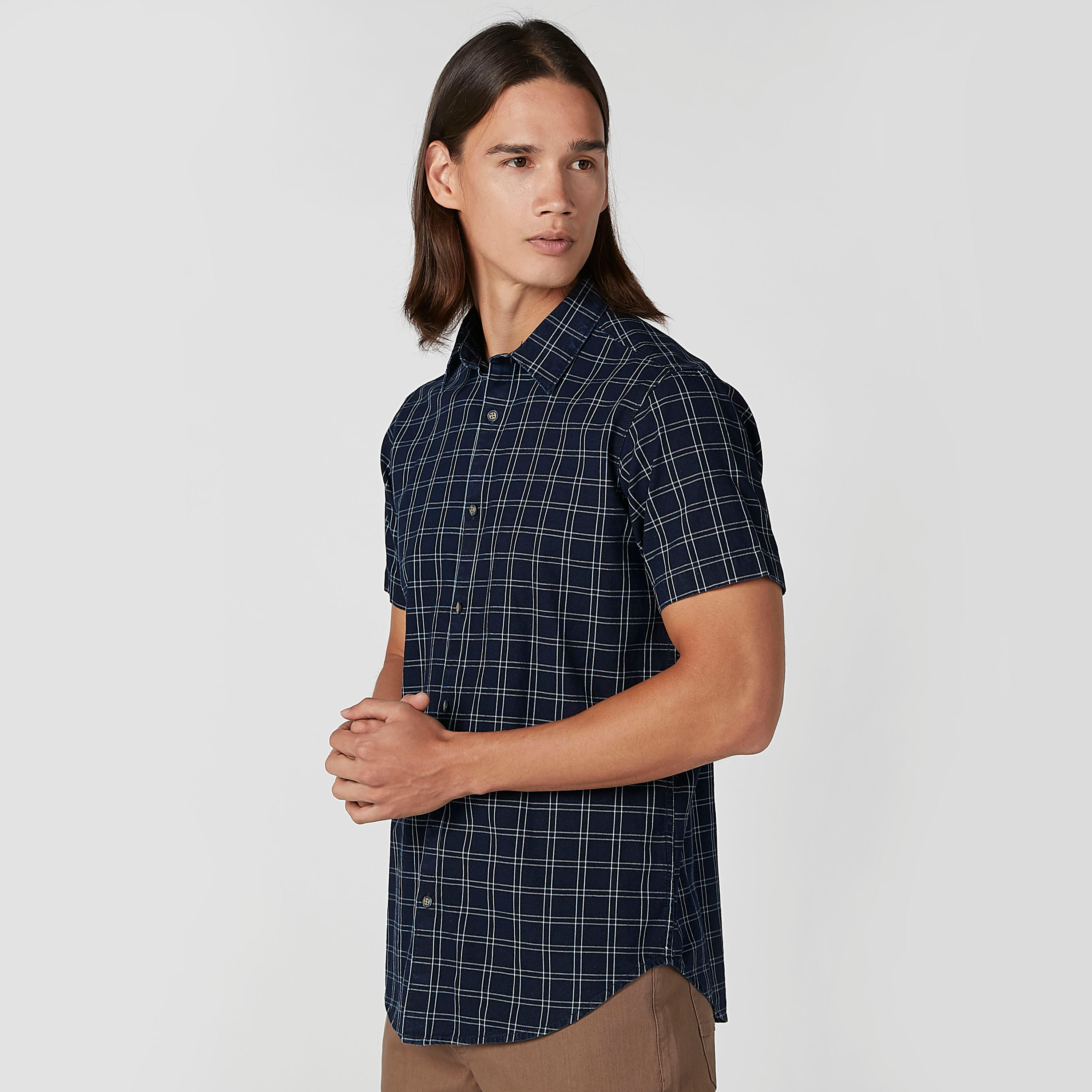 قميص كاروهات بقصّة سليم وأكمام قصيرة-men-clothing-shirts-image-1
