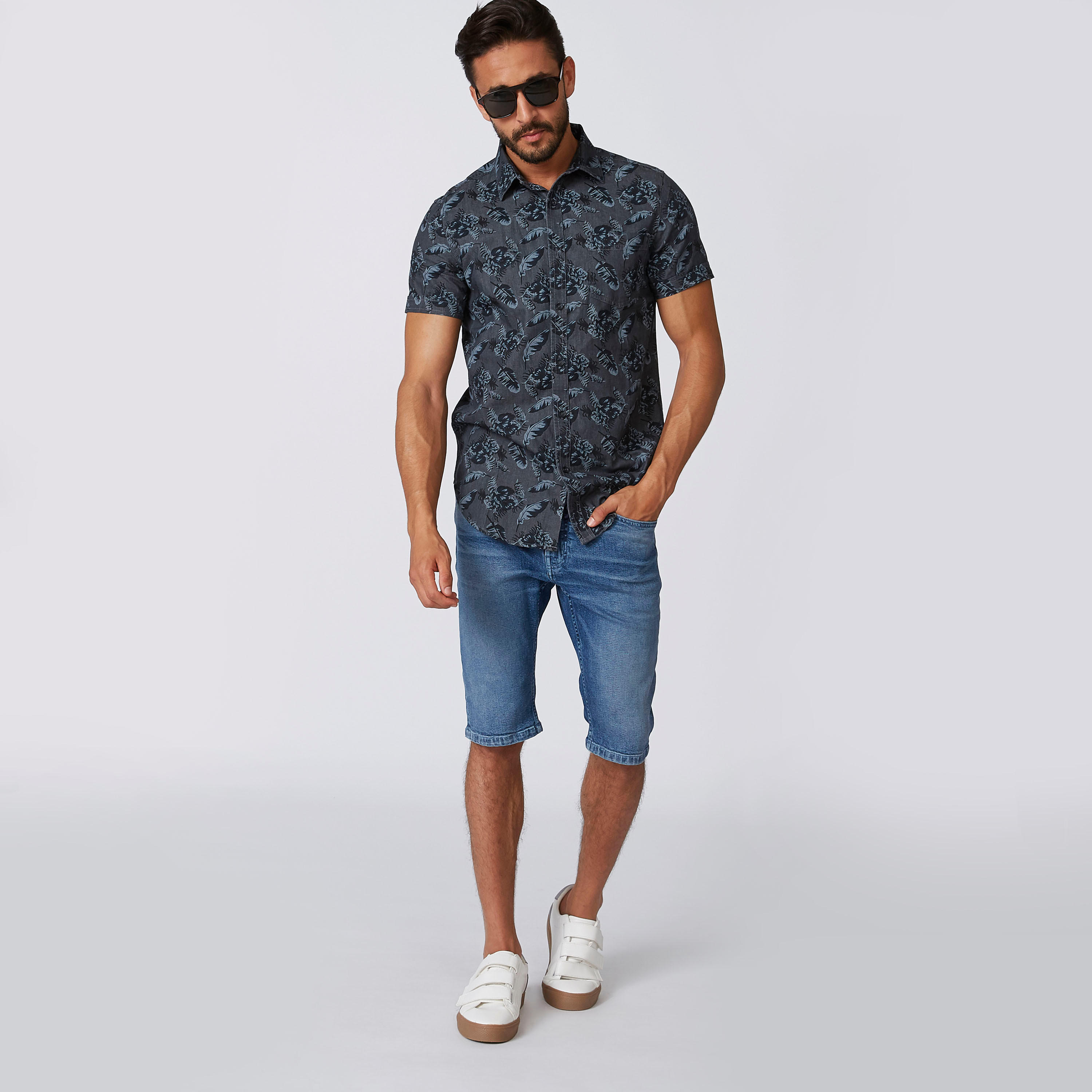 Printed Shirt with Spread Collar and Short Sleeves-men-clothing-shirts-image-1