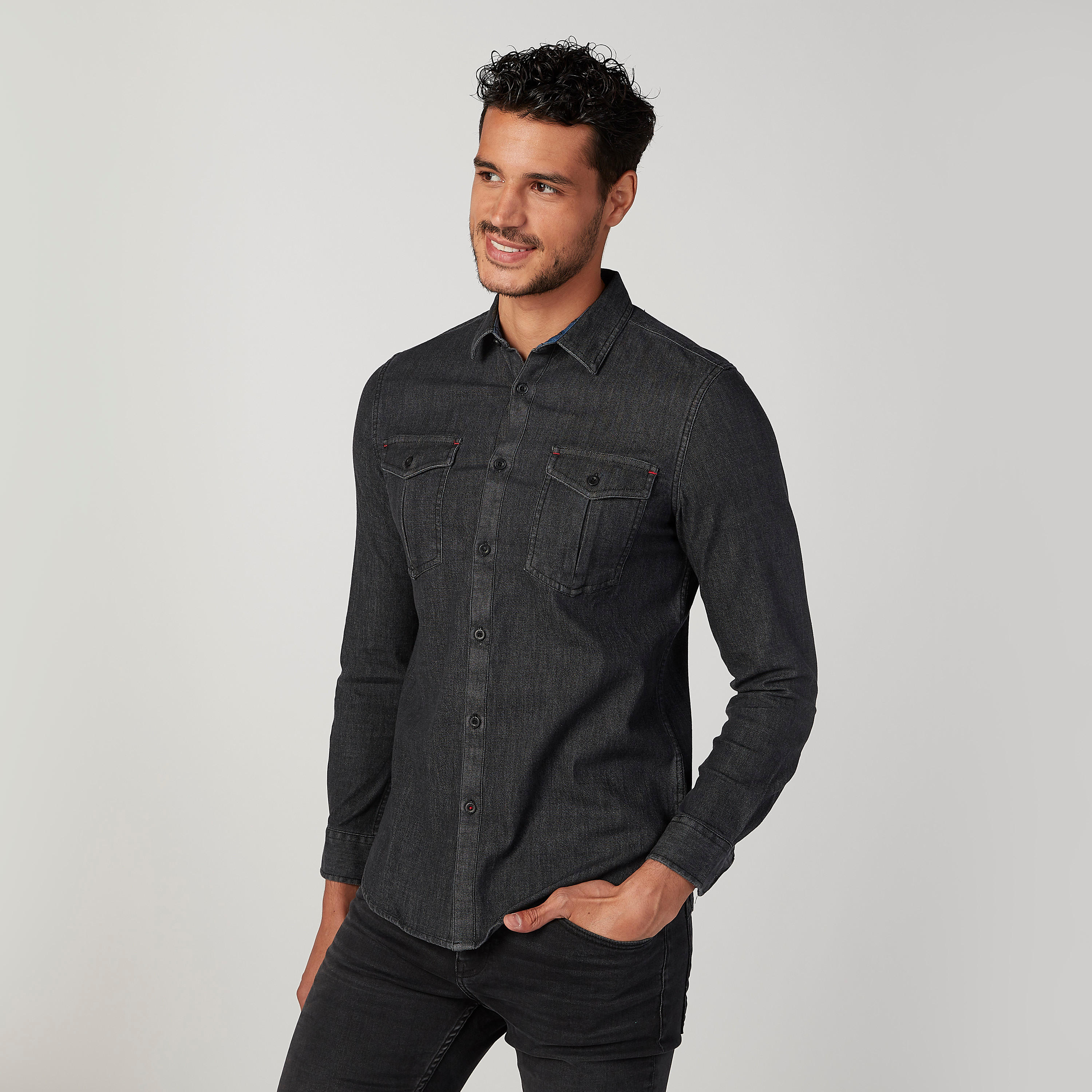 Slim Fit Textured Denim Shirt with Spread Collar and Flap Pockets-men-clothing-shirts-image-1