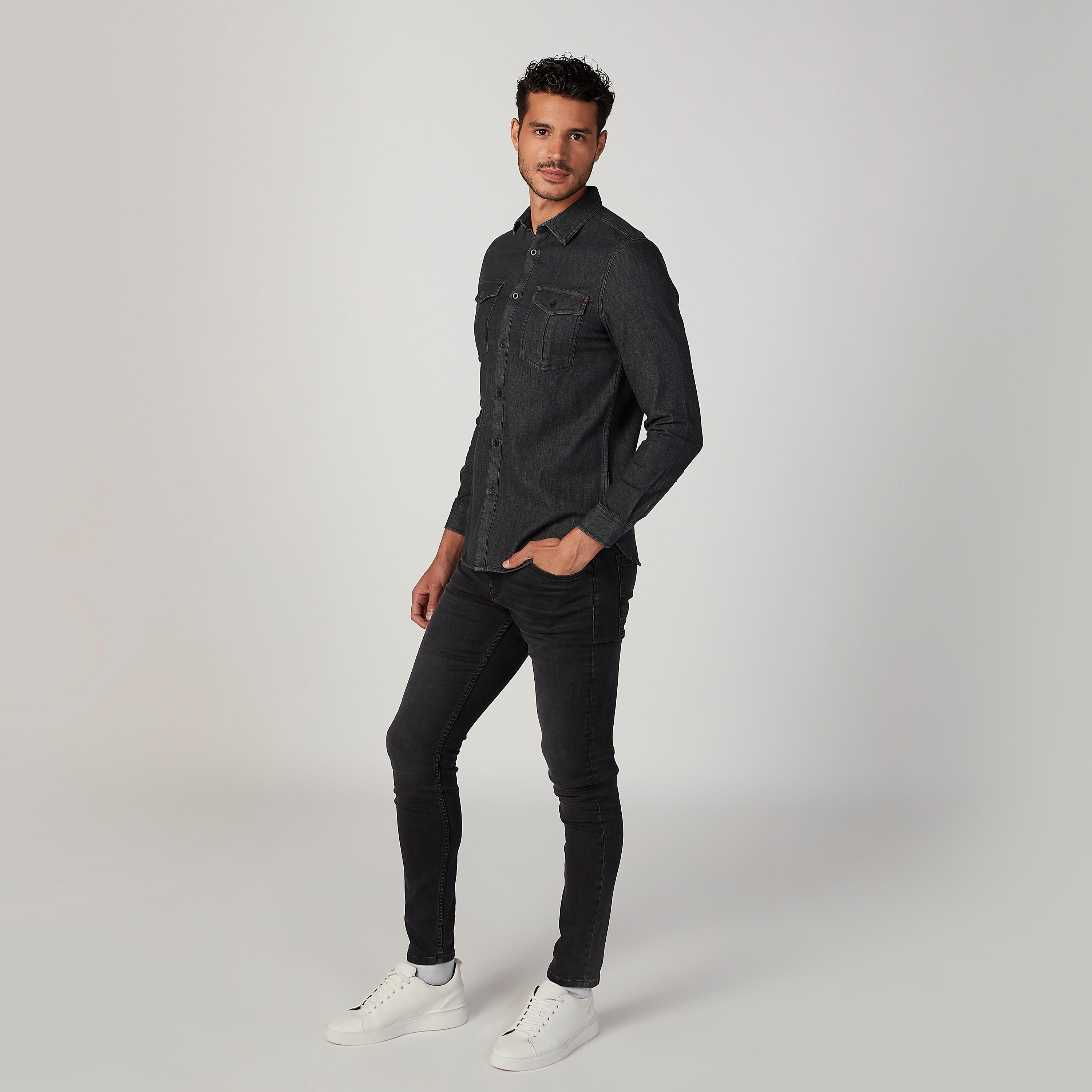 Slim Fit Textured Denim Shirt with Spread Collar and Flap Pockets-men-clothing-shirts-image-2