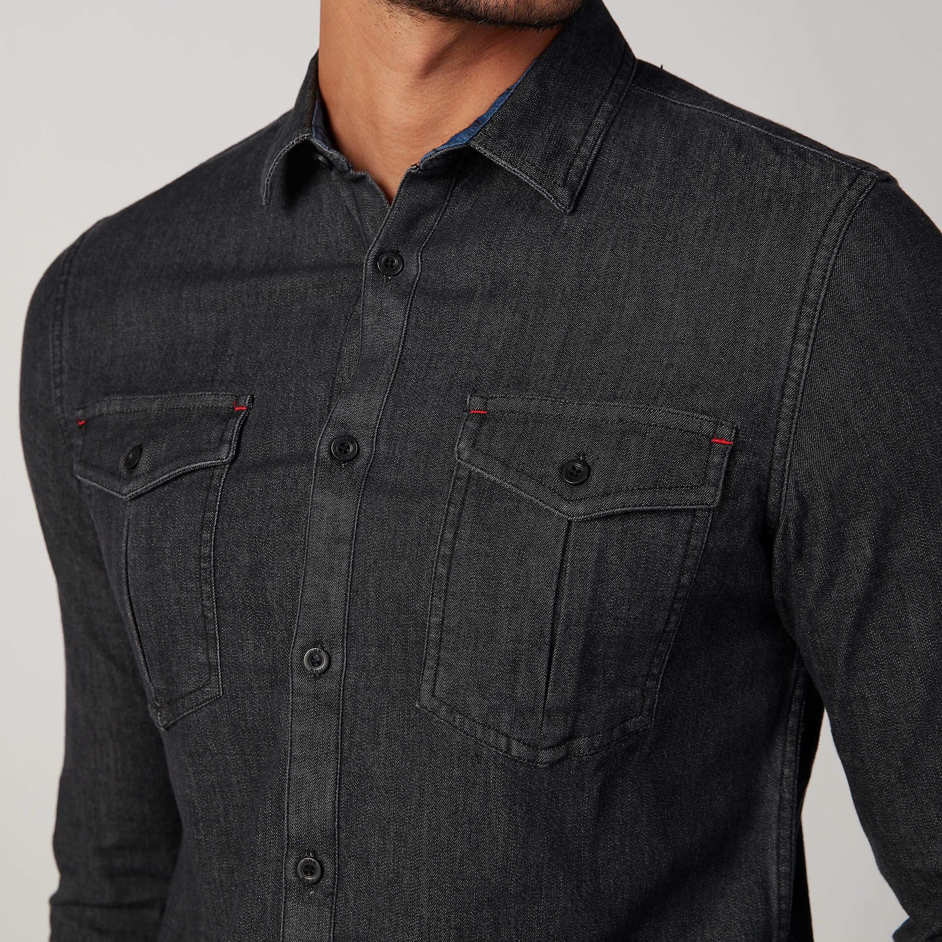 Slim Fit Textured Denim Shirt with Spread Collar and Flap Pockets-men-clothing-shirts-image-3