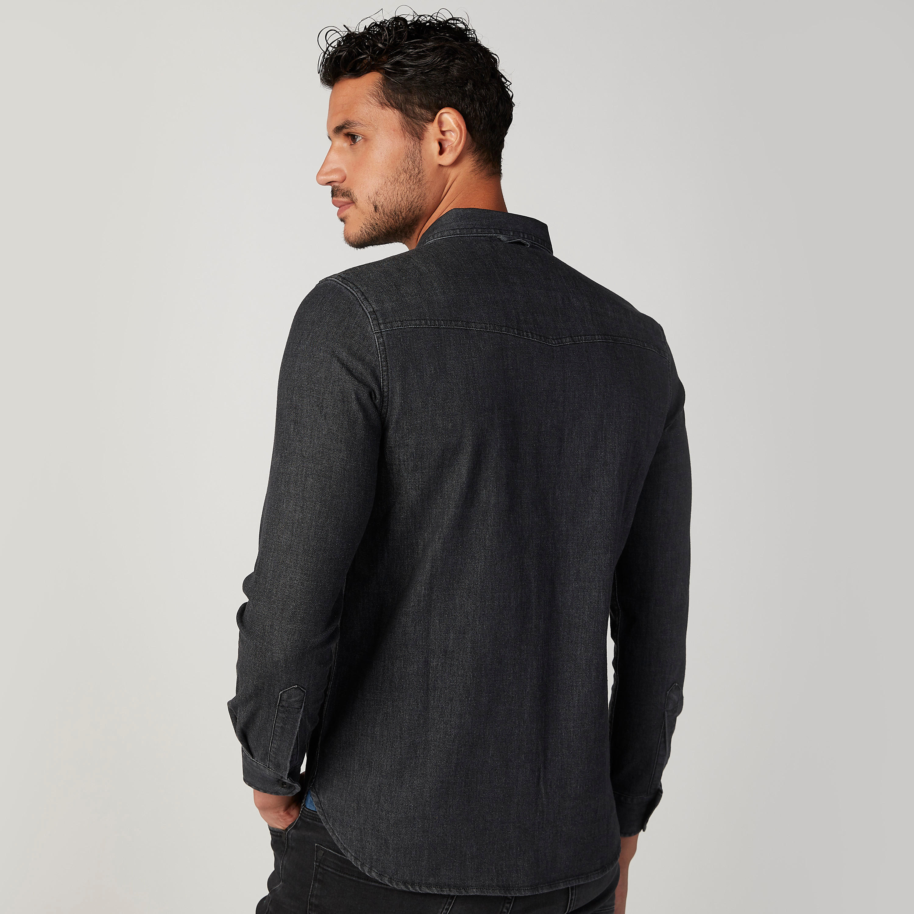 Slim Fit Textured Denim Shirt with Spread Collar and Flap Pockets-men-clothing-shirts-image-4