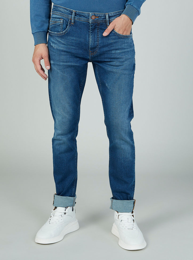 بنطلون جينز طويل بارز الملمس بجيوب وحلقات للحزام-men-clothing-bottoms-jeans-image-1