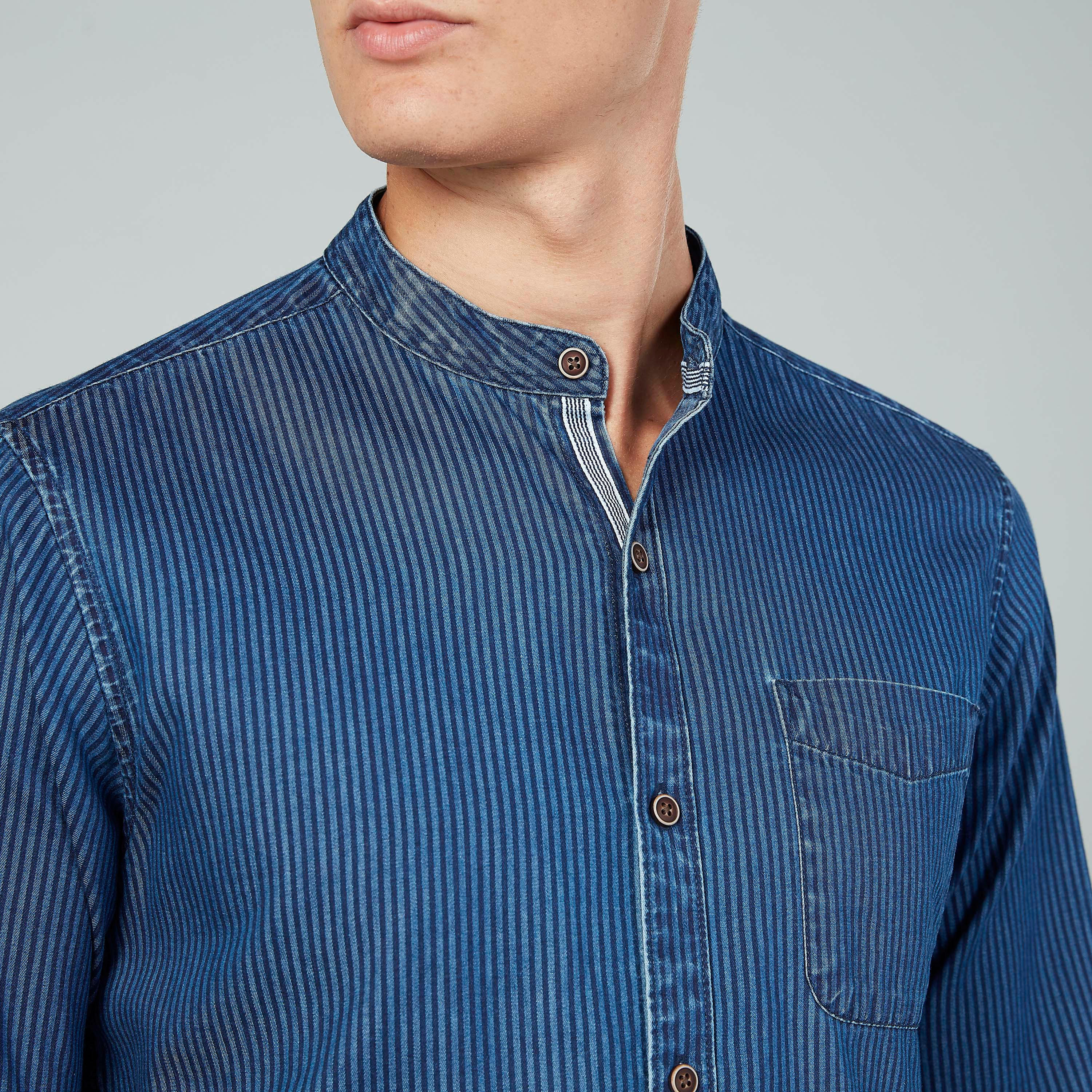 قميص مخطط سليم بياقة ماندارين وأكمام طويلة-men-clothing-shirts-image-3