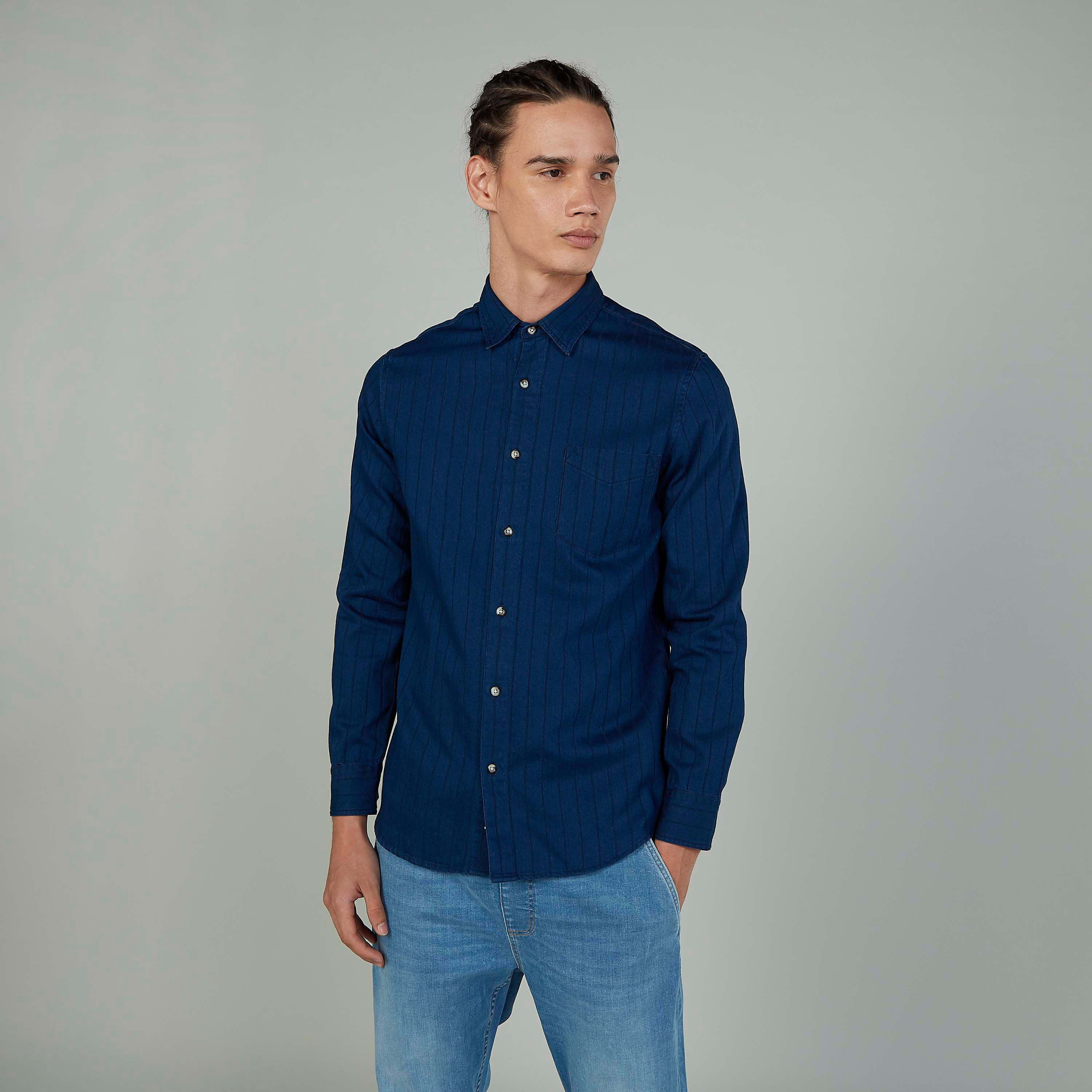 قميص سليم مخطط بأكمام طويلة وياقة عادية-men-clothing-shirts-image-1