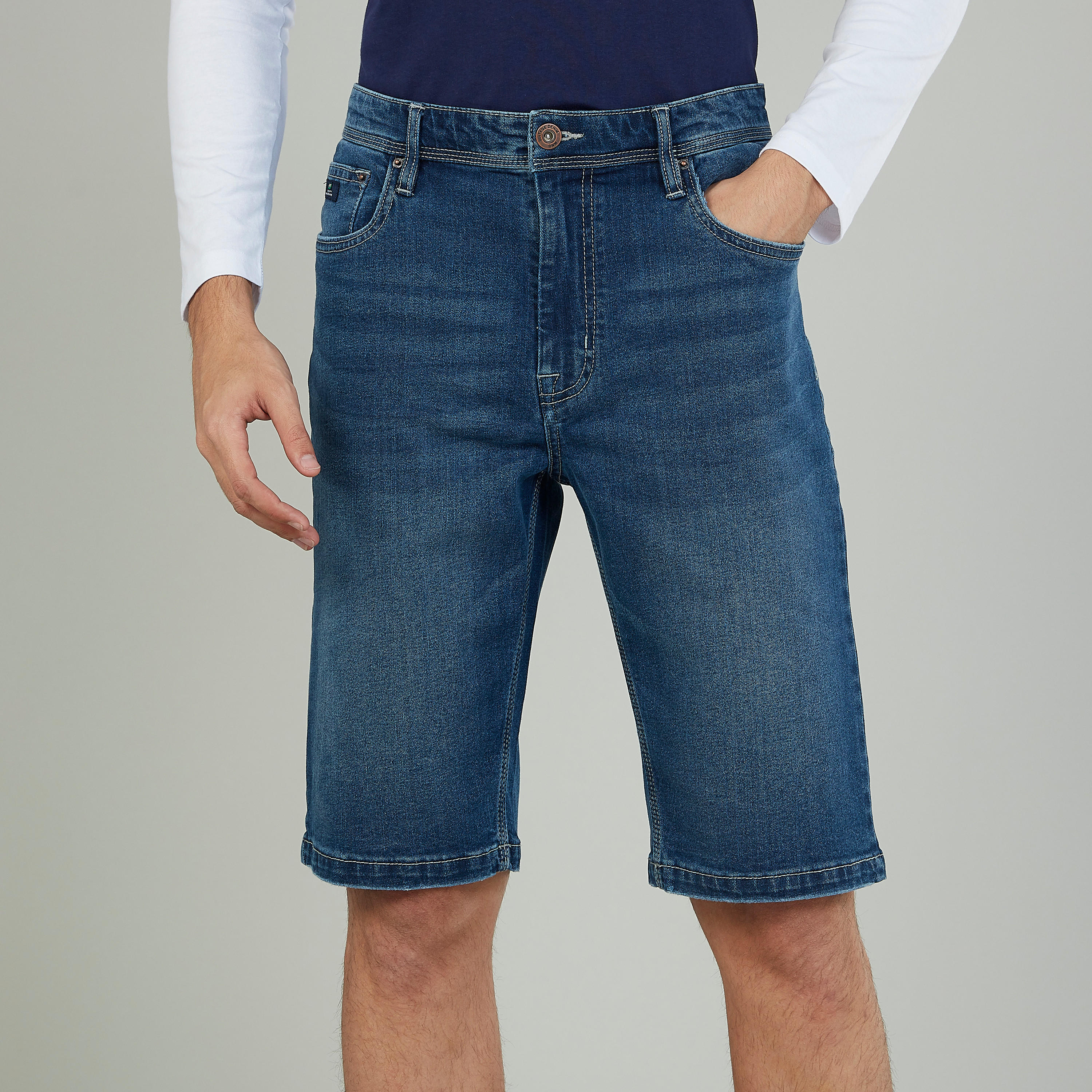 Plain Denim Shorts with Pocket Detail and Belt Loops-men-clothing-bottoms-shorts-image-1
