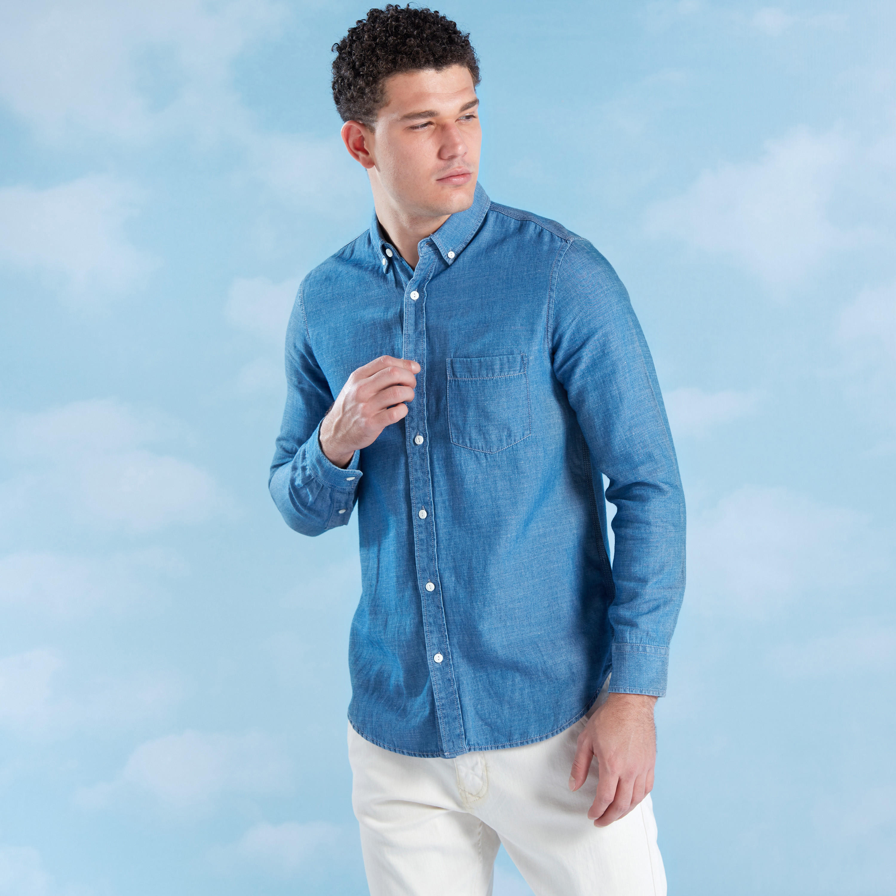 Solid Linen Shirt with Spread Collar and Long Sleeves -men-clothing-shirts-image-1
