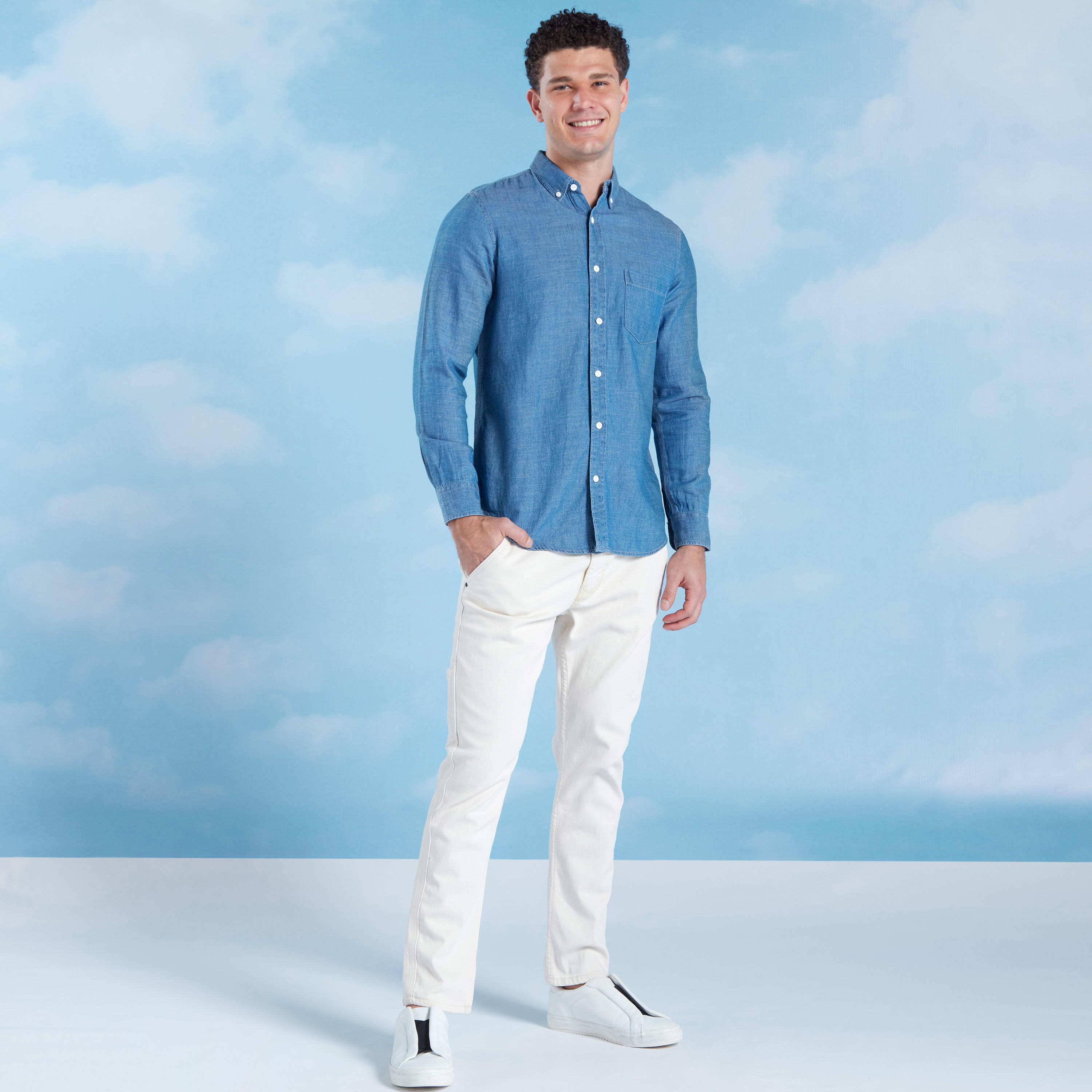 Solid Linen Shirt with Spread Collar and Long Sleeves -men-clothing-shirts-image-2