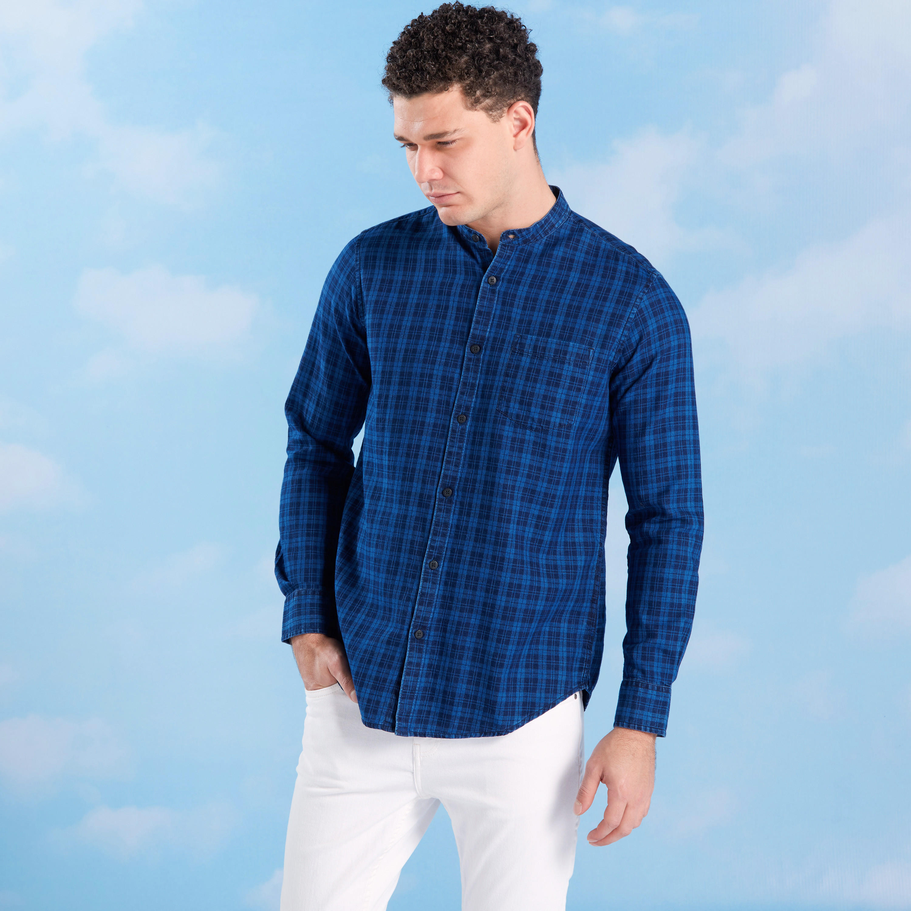 Chequered Shirt with Mandarin Collar and Chest Pocket-men-clothing-shirts-image-1