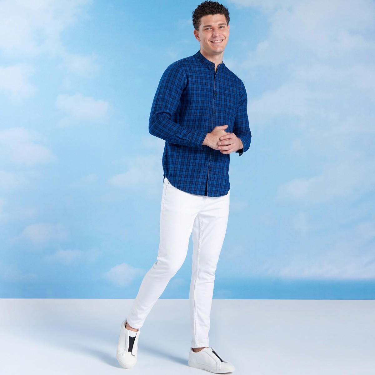 Chequered Shirt with Mandarin Collar and Chest Pocket-men-clothing-shirts-image-2