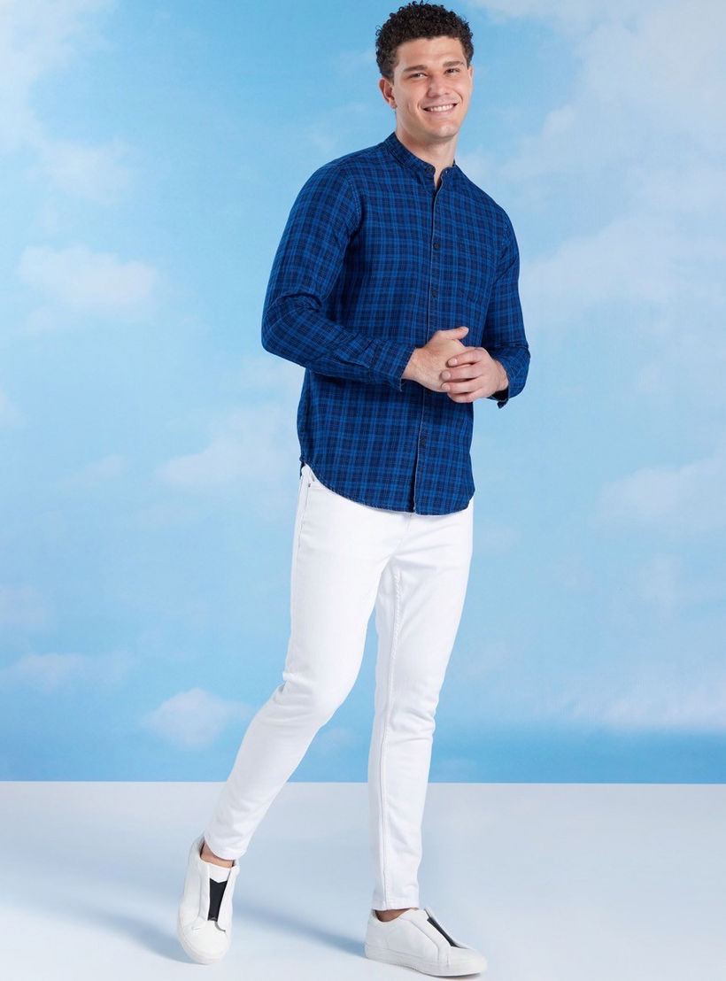 Chequered Shirt with Mandarin Collar and Chest Pocket-men-clothing-shirts-image-2