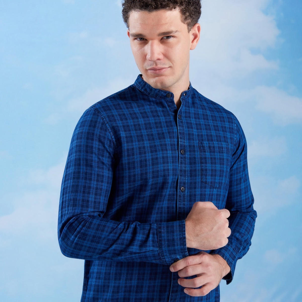 Chequered Shirt with Mandarin Collar and Chest Pocket-men-clothing-shirts-image-3