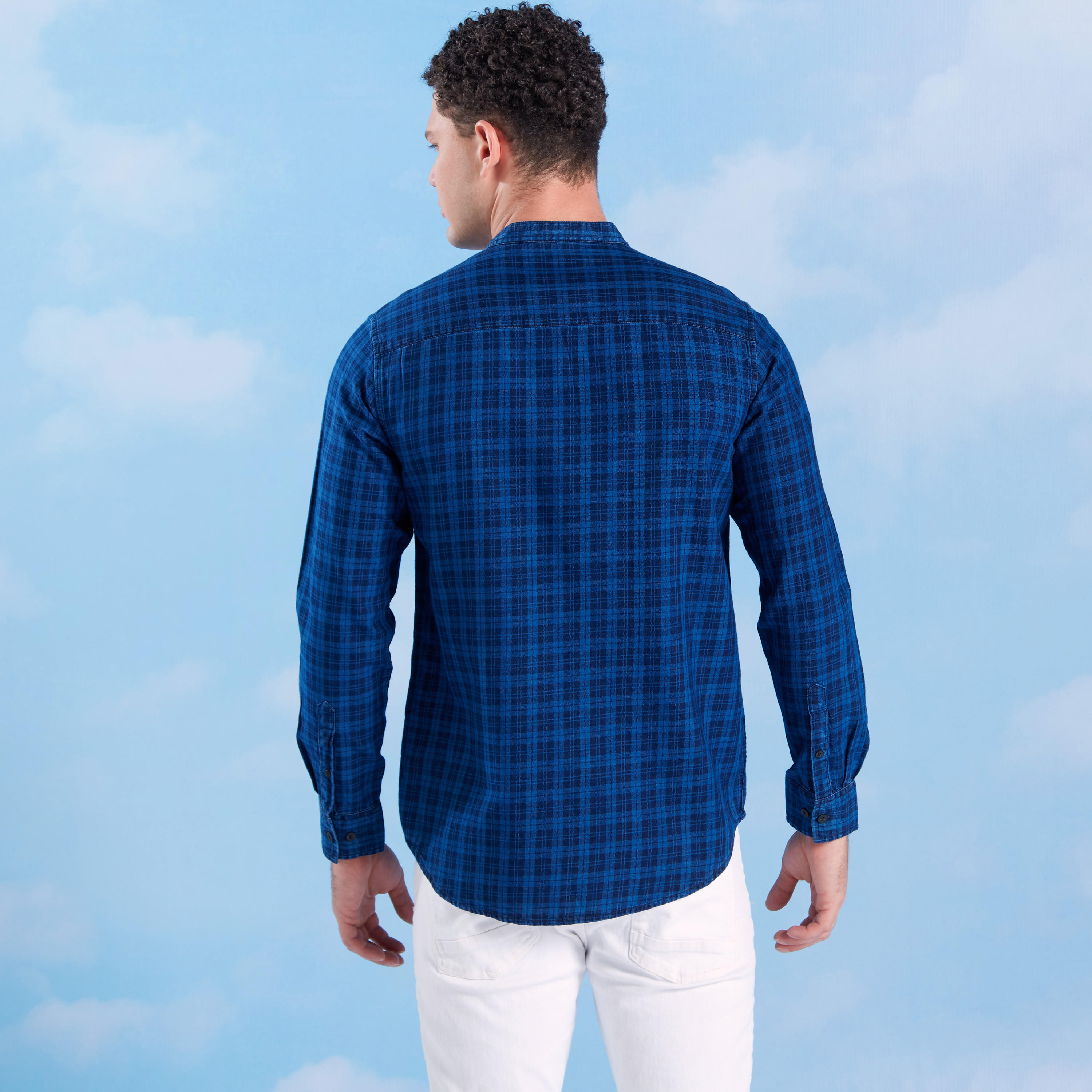 Chequered Shirt with Mandarin Collar and Chest Pocket-men-clothing-shirts-image-4