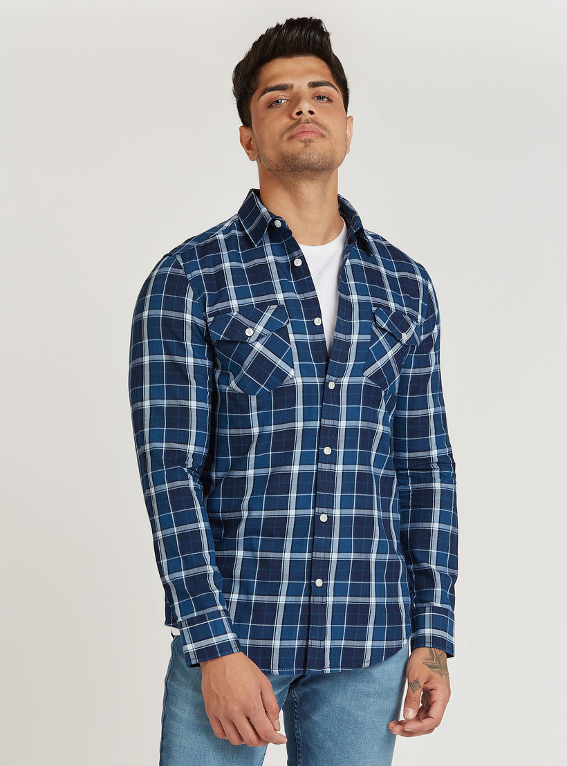 قميص سليم فيت كاروهات بأكمام طويلة وجيوب بطيّة-men-clothing-shirts-image-1