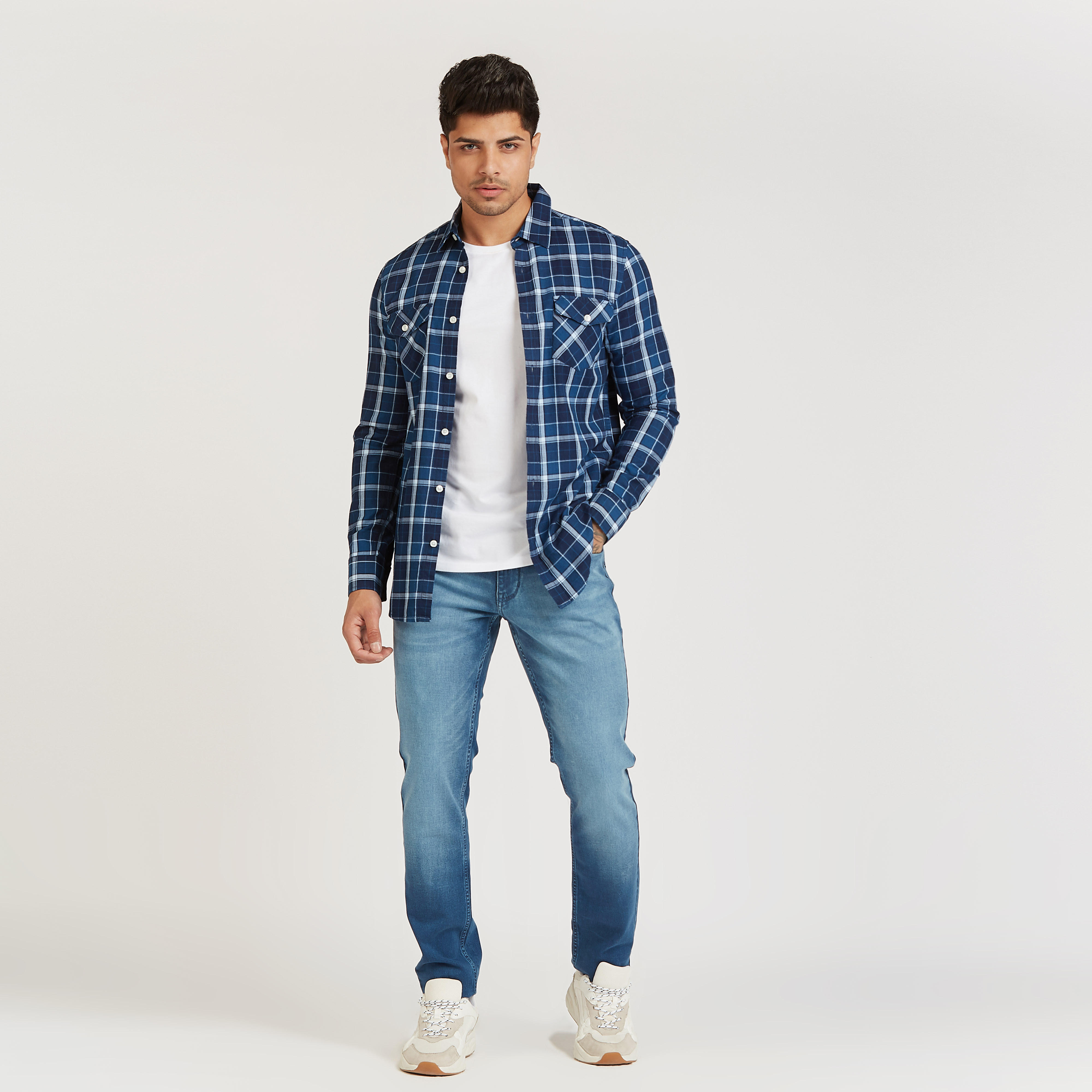 قميص سليم فيت كاروهات بأكمام طويلة وجيوب بطيّة-men-clothing-shirts-image-2