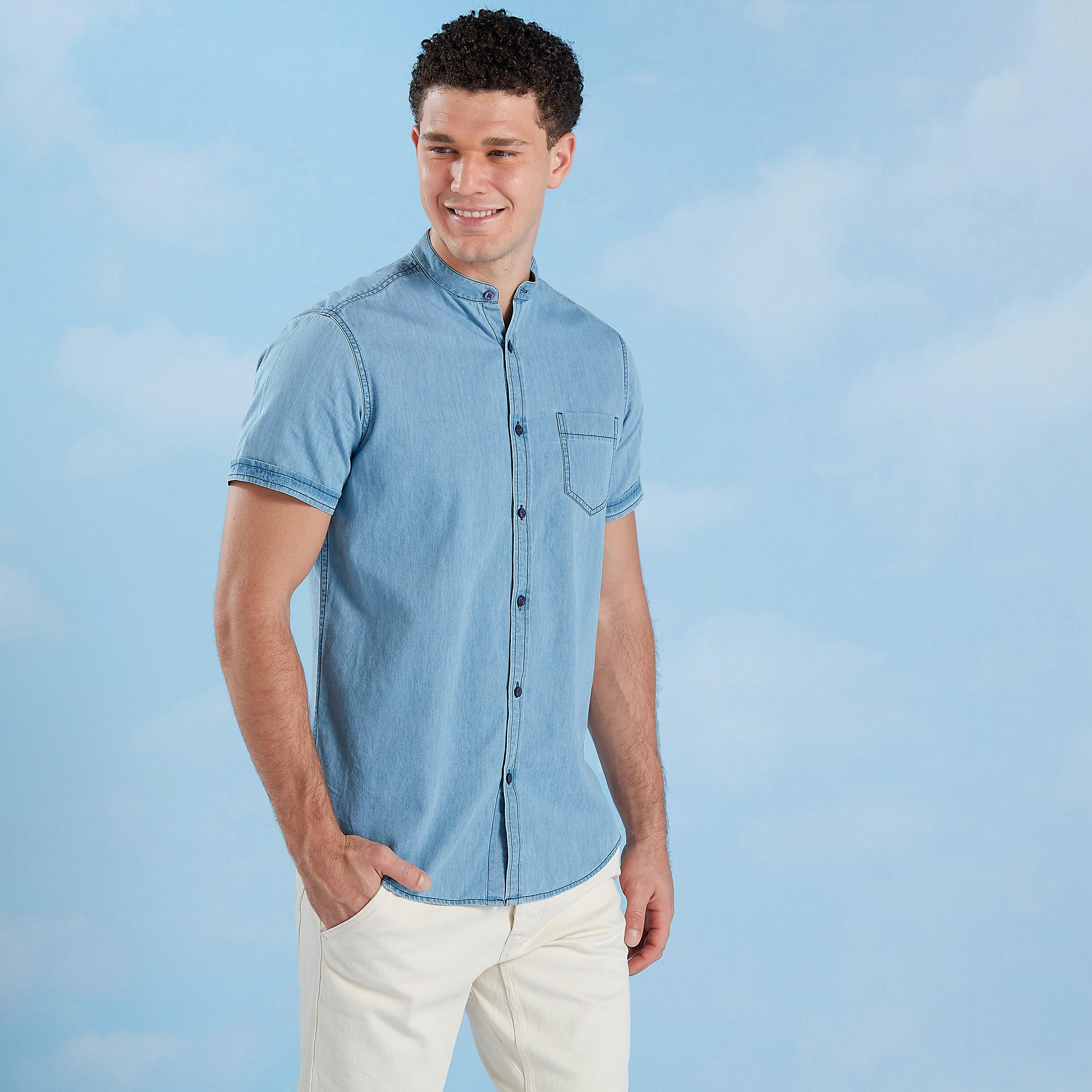 Slim Fit Denim Shirt with Mandarin Collar and Short Sleeves-men-clothing-shirts-image-1