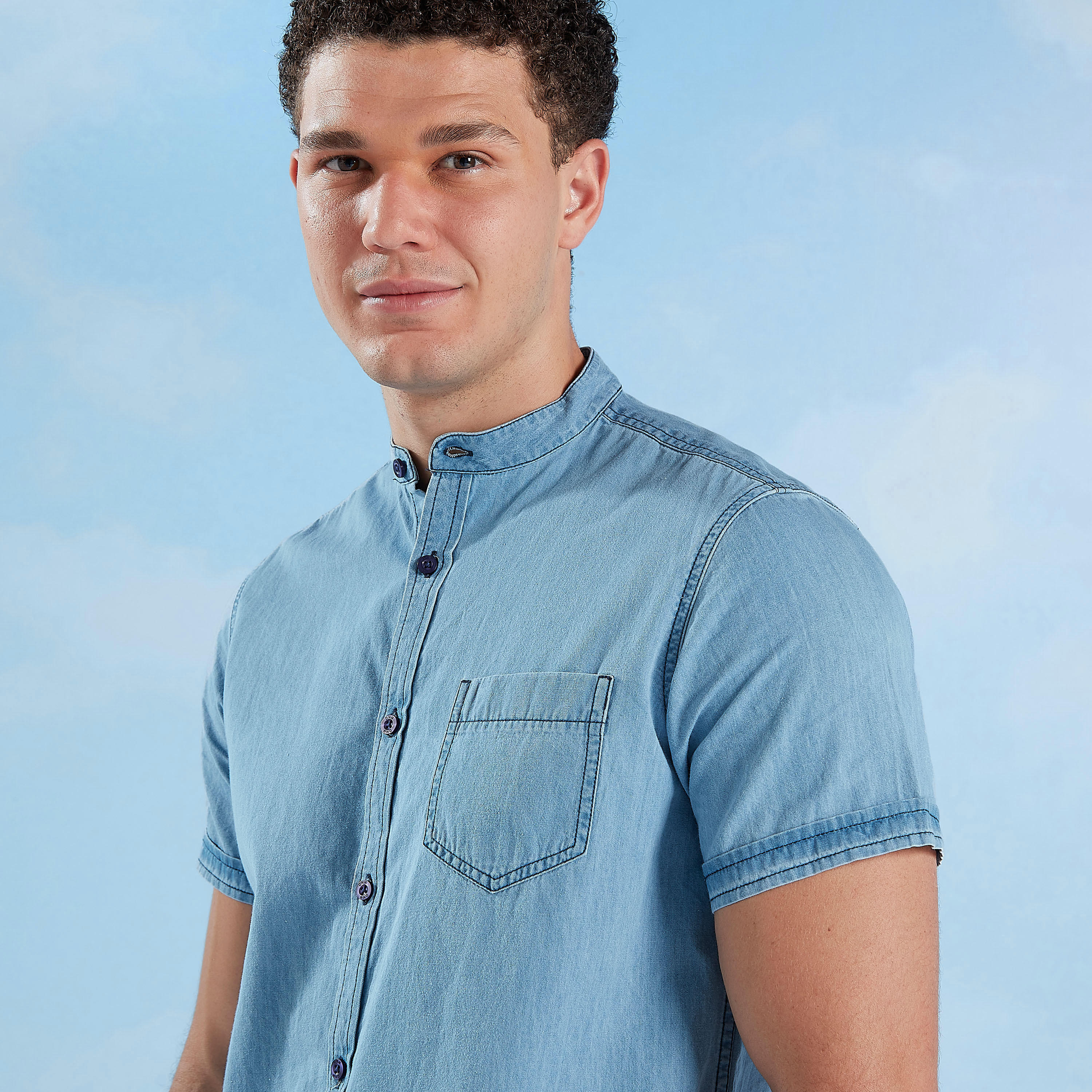 Slim Fit Denim Shirt with Mandarin Collar and Short Sleeves-men-clothing-shirts-image-3