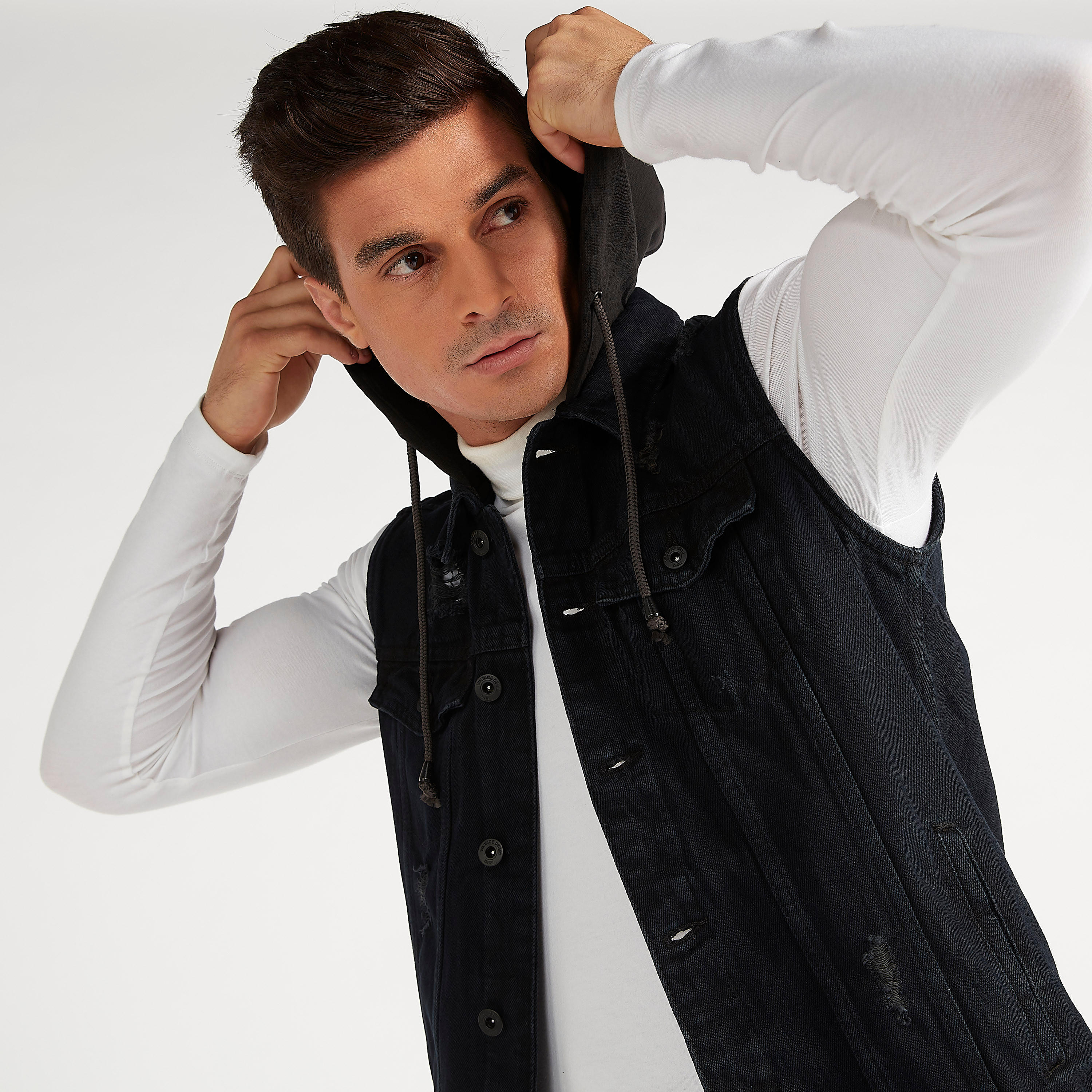 Solid Denim Gilet with Flap Pockets and Hood-men-clothing-jacketsandblazers-jackets-image-1