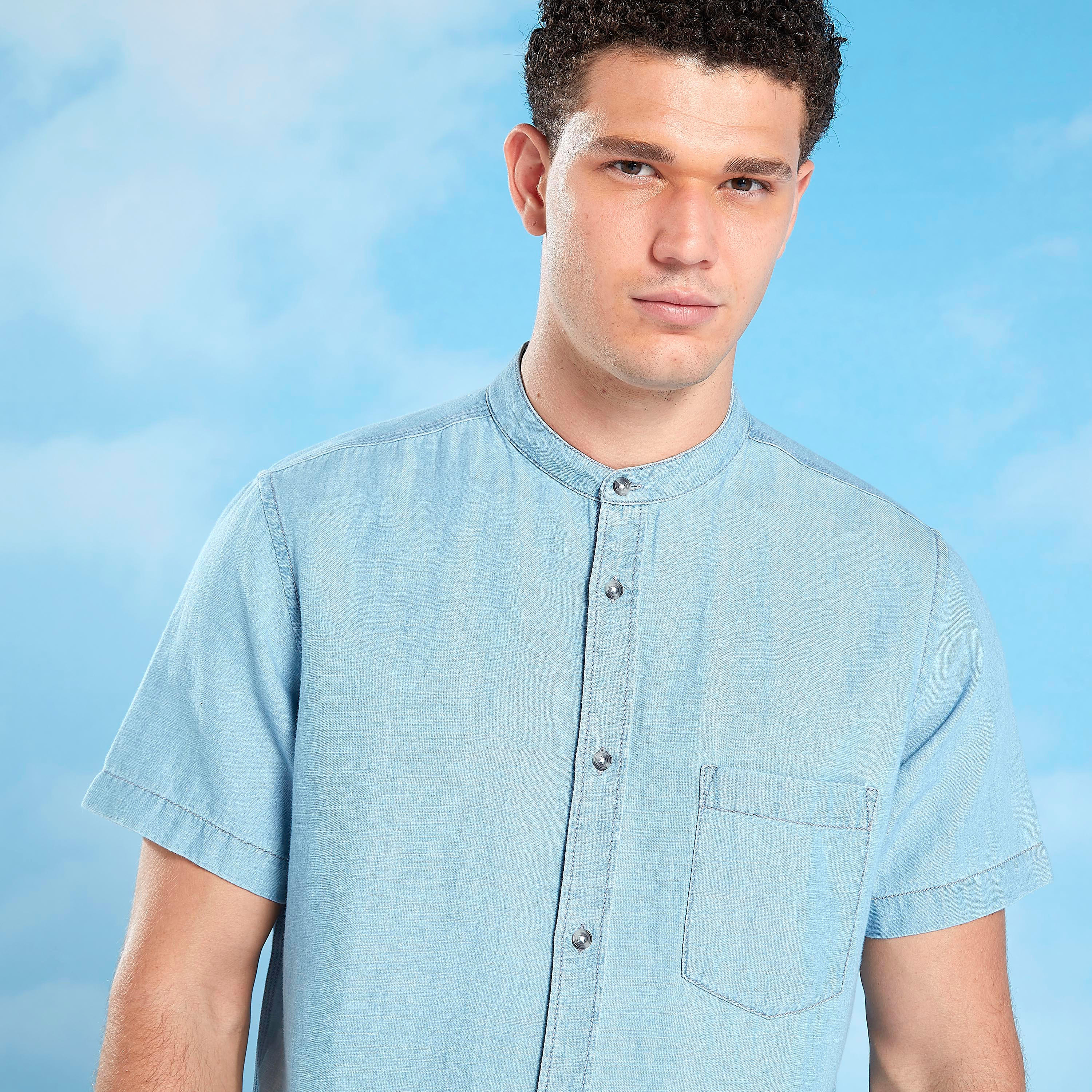 قميص سليم بازر الملمس بياقة ماندارين وأكمام قصيرة-men-clothing-shirts-image-4