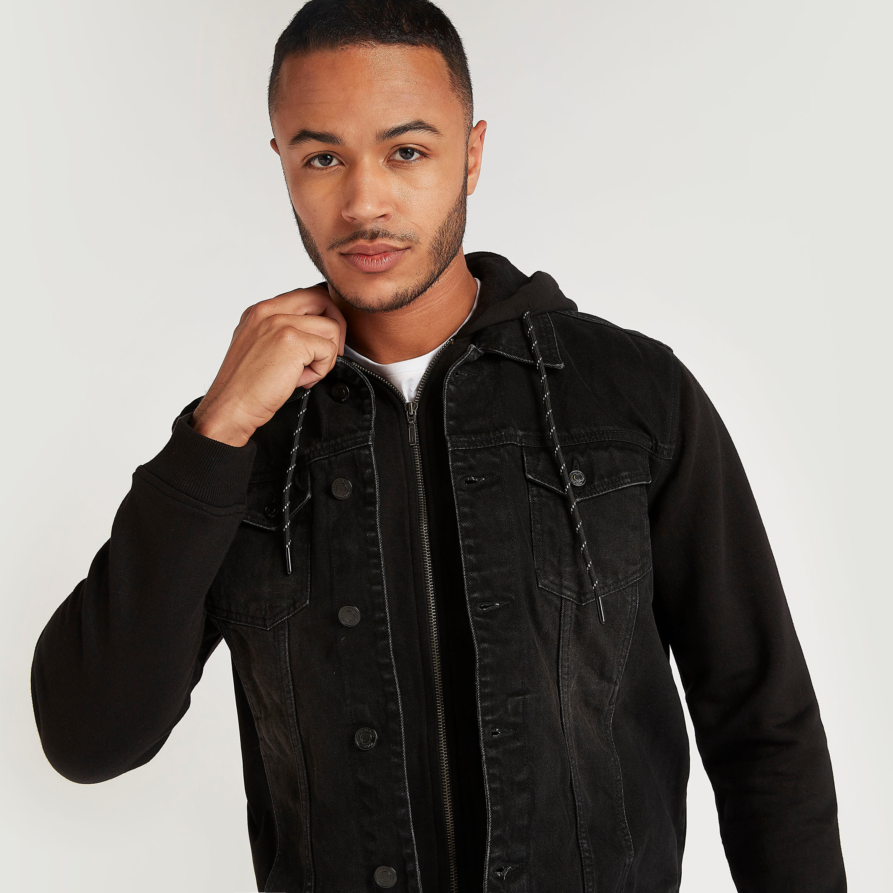 Solid Zip Through Trucker Jacket with Hood and Long Sleeves-men-clothing-jacketsandblazers-jackets-image-1