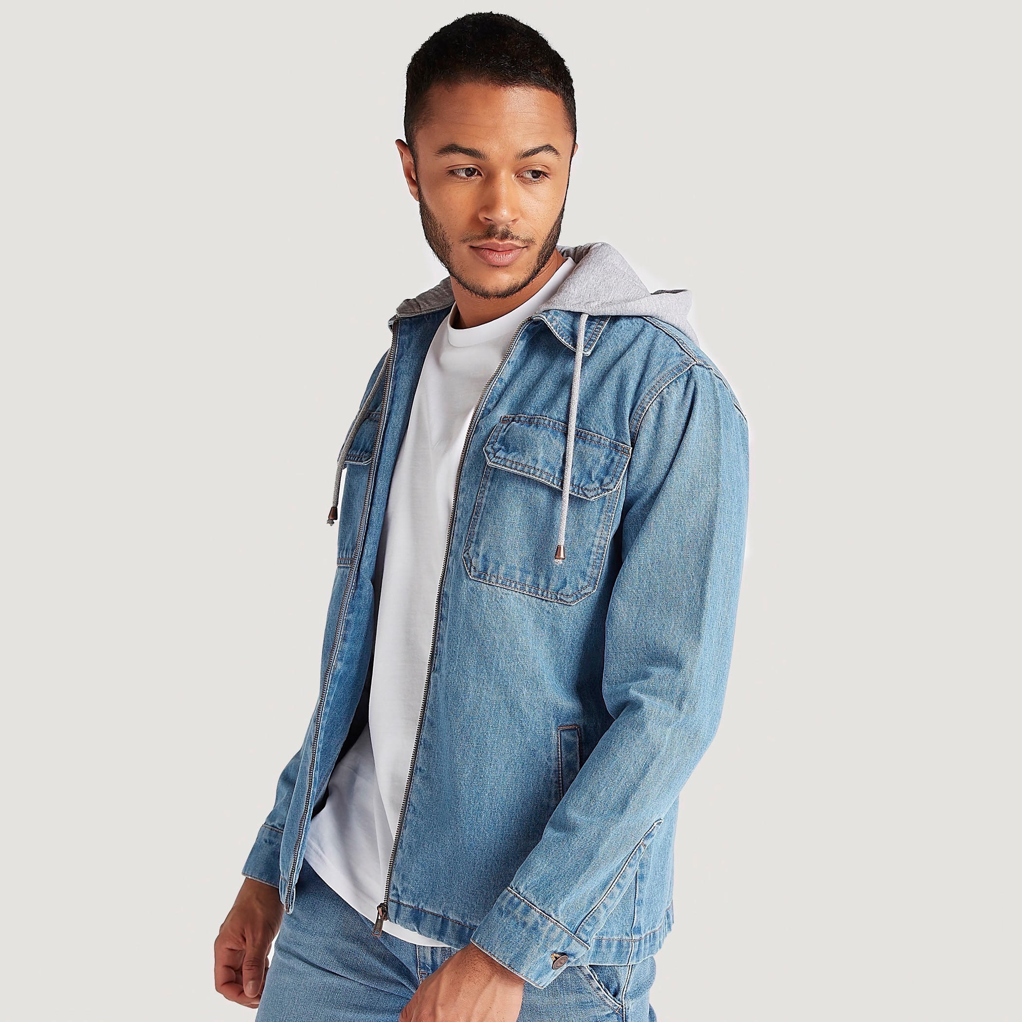 Solid Denim Hooded Jacket with Long Sleeves and Flap Pockets-men-clothing-jacketsandblazers-jackets-image-1