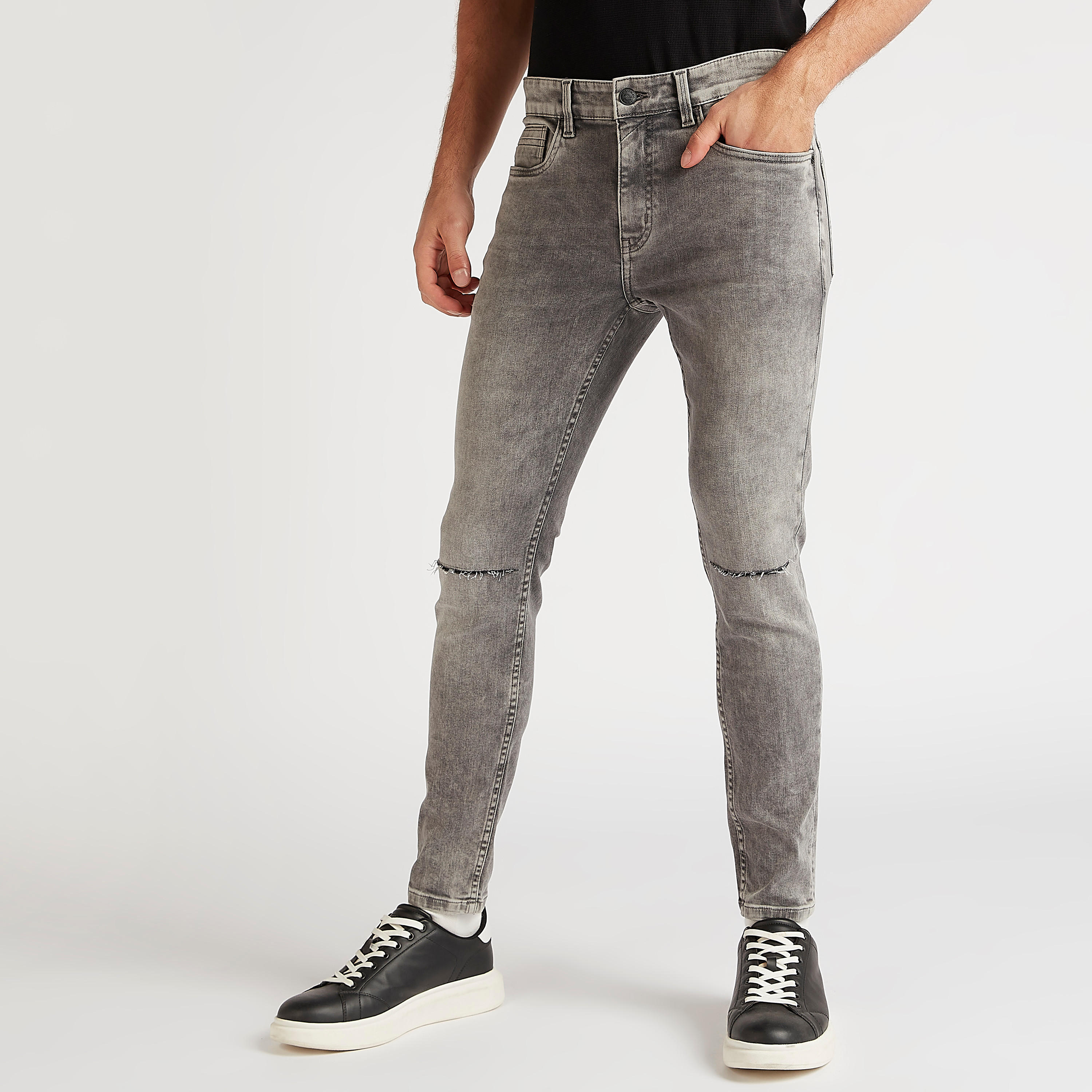 بنطلون جينز دنيم سادة سوبر سكيني فيت مضلّع  بزر إغلاق-men-clothing-bottoms-jeans-image-1