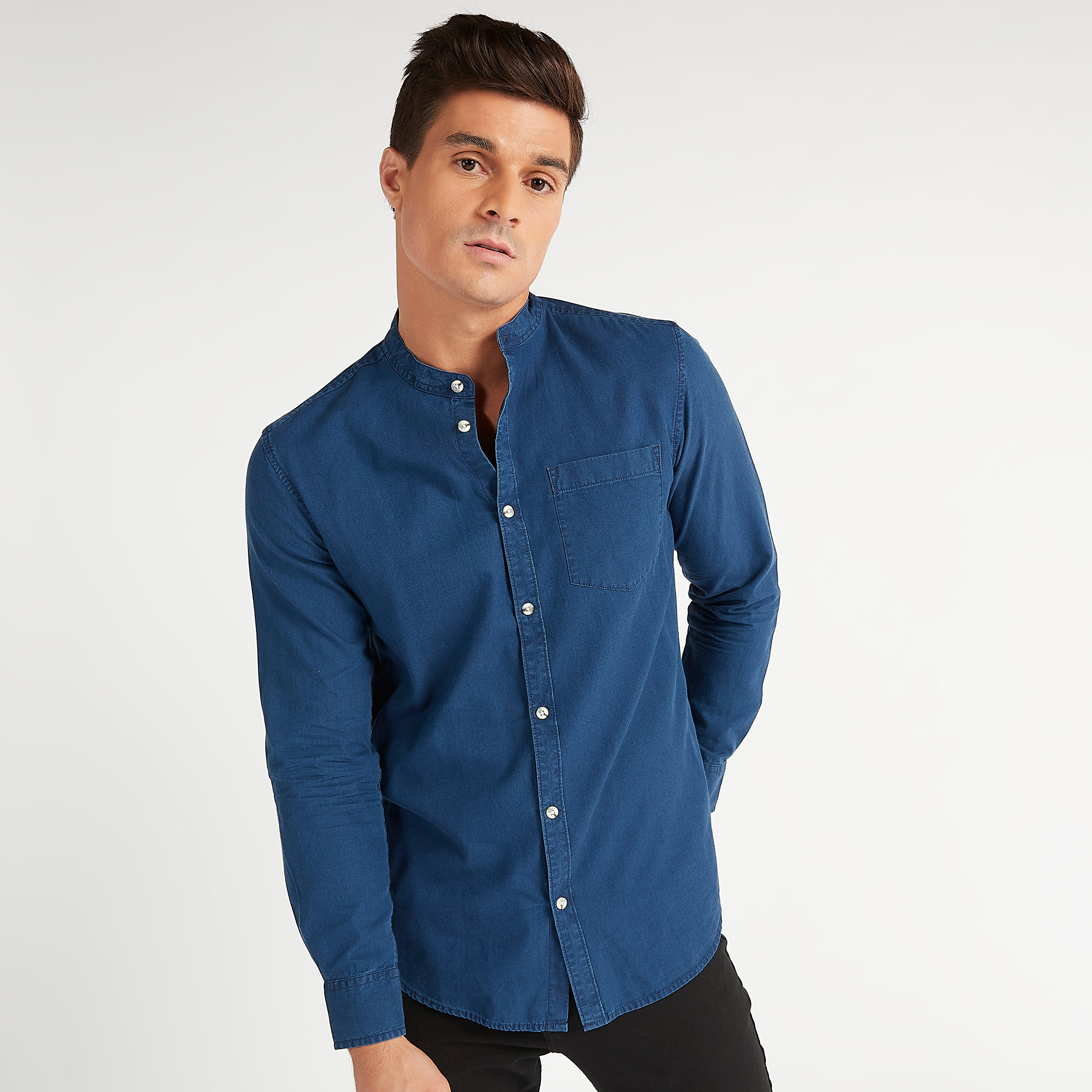 Solid Long Sleeves Denim Shirt with Mandarin Collar and Chest Pocket-men-clothing-shirts-image-1
