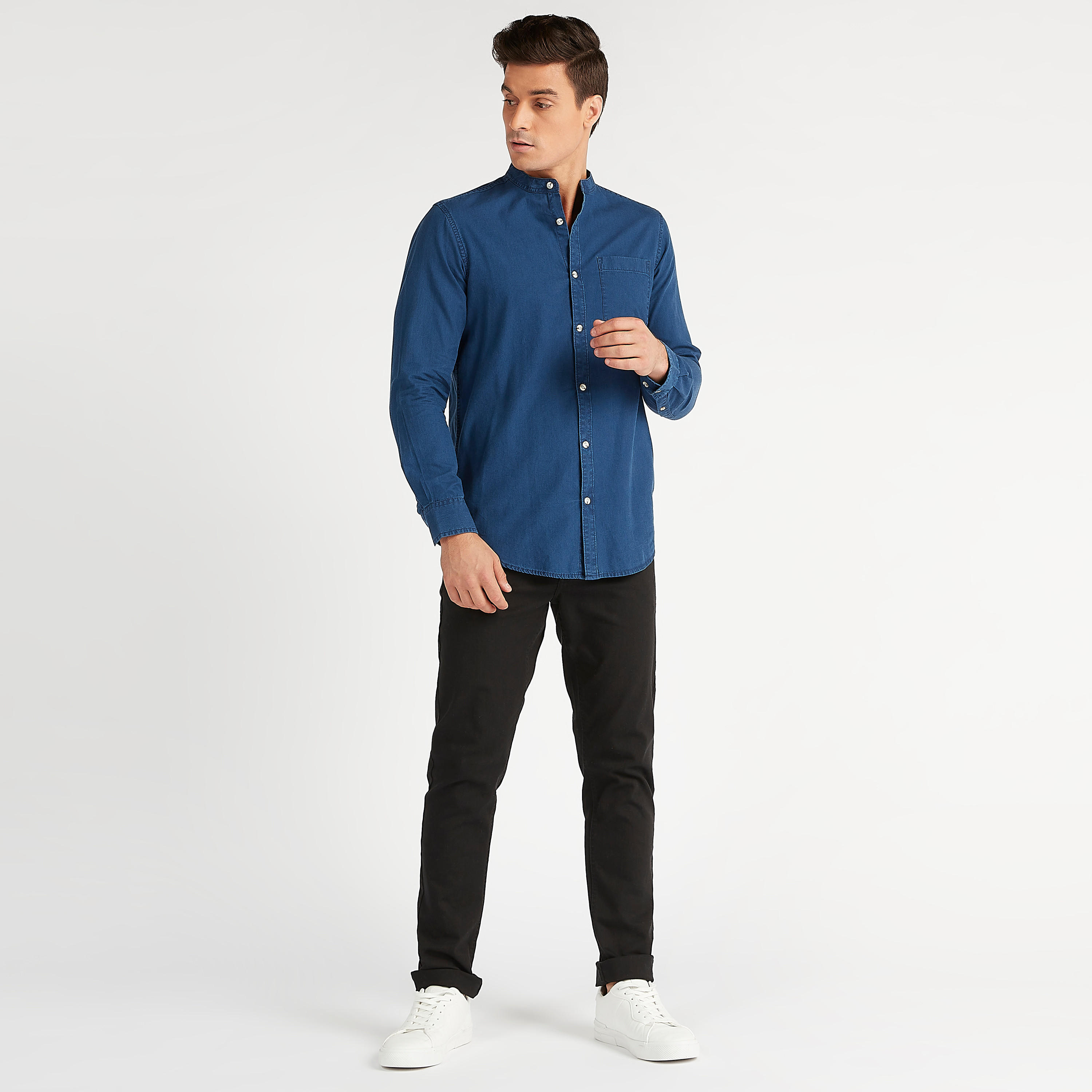 Solid Long Sleeves Denim Shirt with Mandarin Collar and Chest Pocket-men-clothing-shirts-image-2