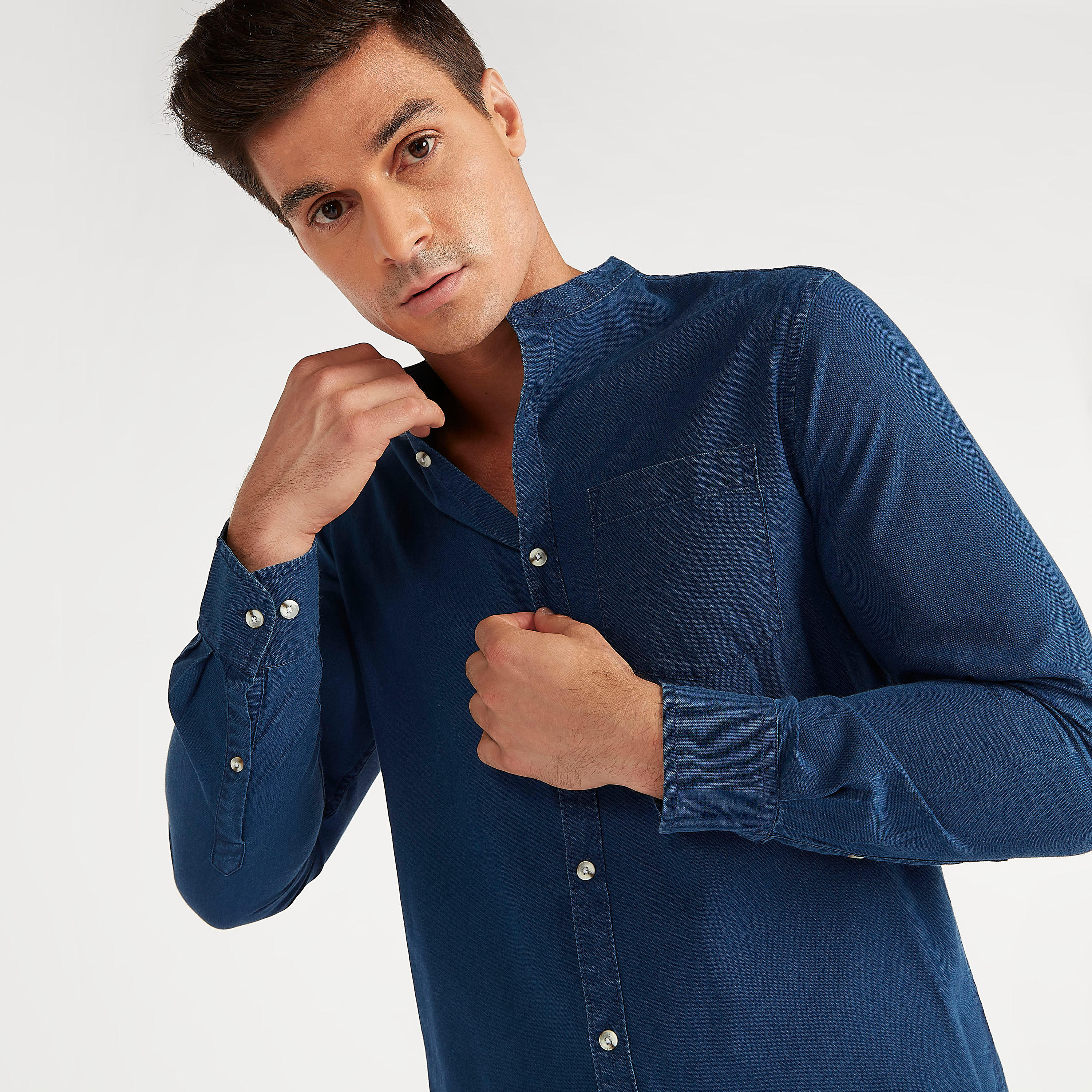 Solid Long Sleeves Denim Shirt with Mandarin Collar and Chest Pocket-men-clothing-shirts-image-3