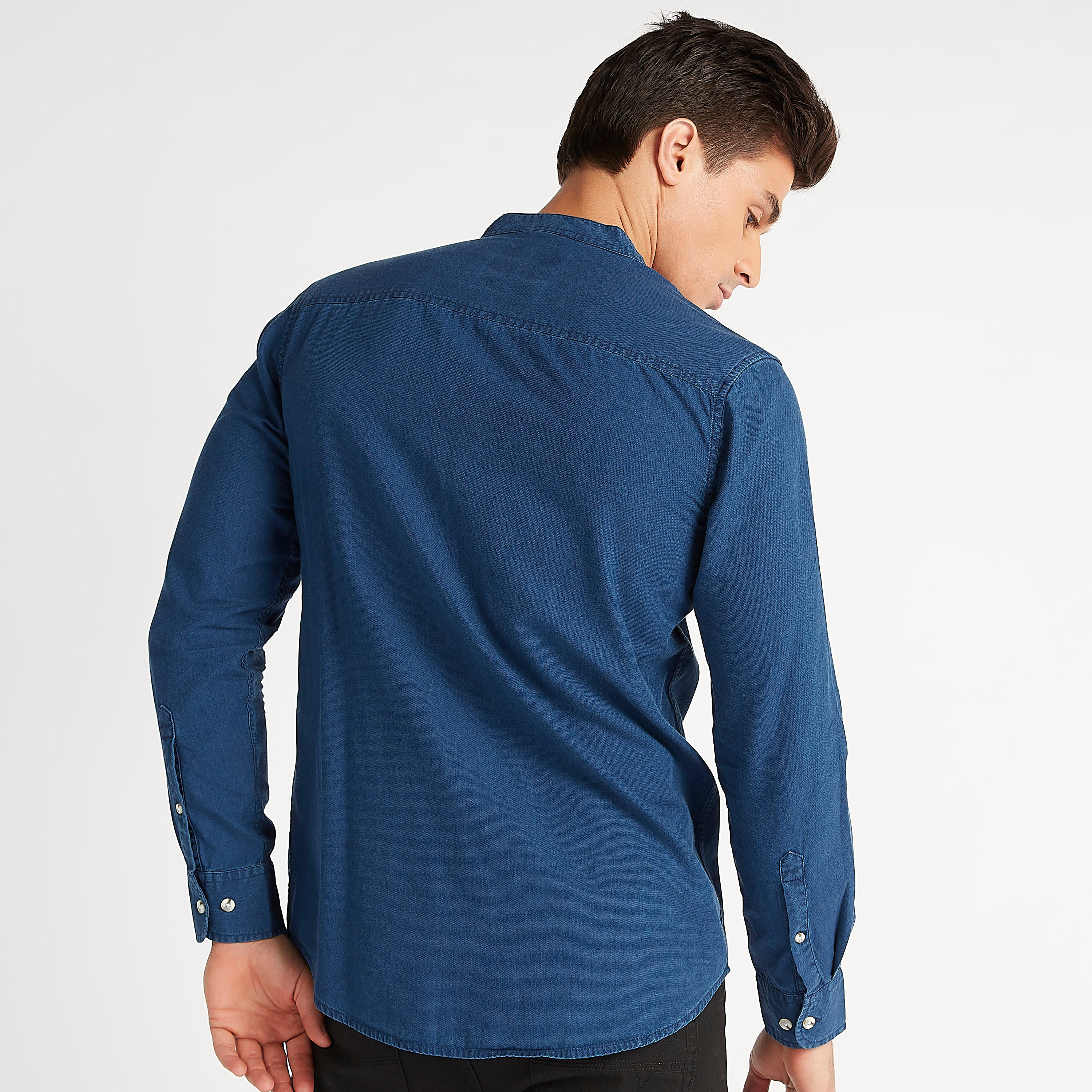 Solid Long Sleeves Denim Shirt with Mandarin Collar and Chest Pocket-men-clothing-shirts-image-4